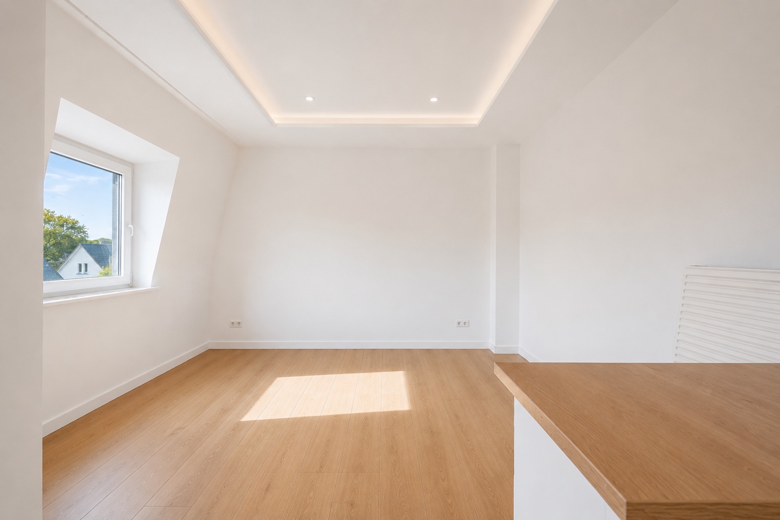 Heller, leerer Raum mit Holzfußboden, Fenster und moderner Deckenbeleuchtung.