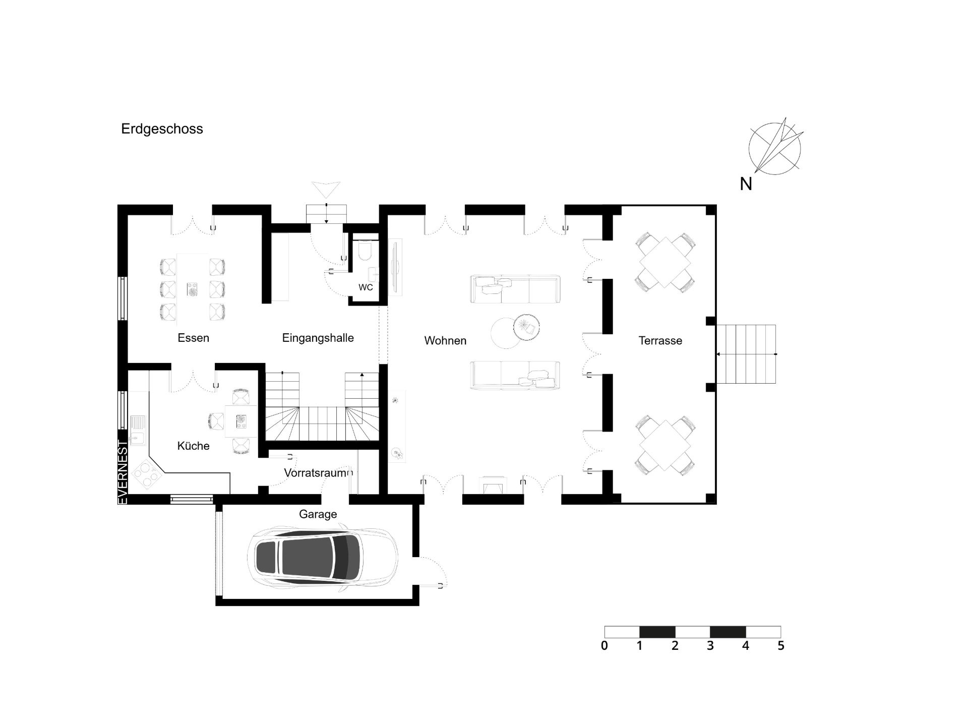 Grundriss des Erdgeschosses mit Garage, Küche, Essbereich, Wohnzimmer und Terrasse.