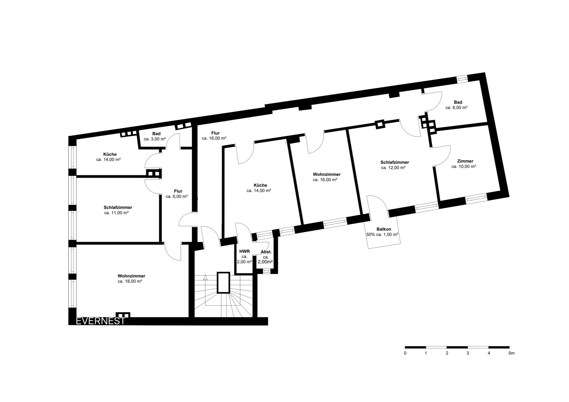 Grundriss einer Wohnung mit mehreren Zimmern, zwei Bädern, zwei Küchen und einem Balkon.