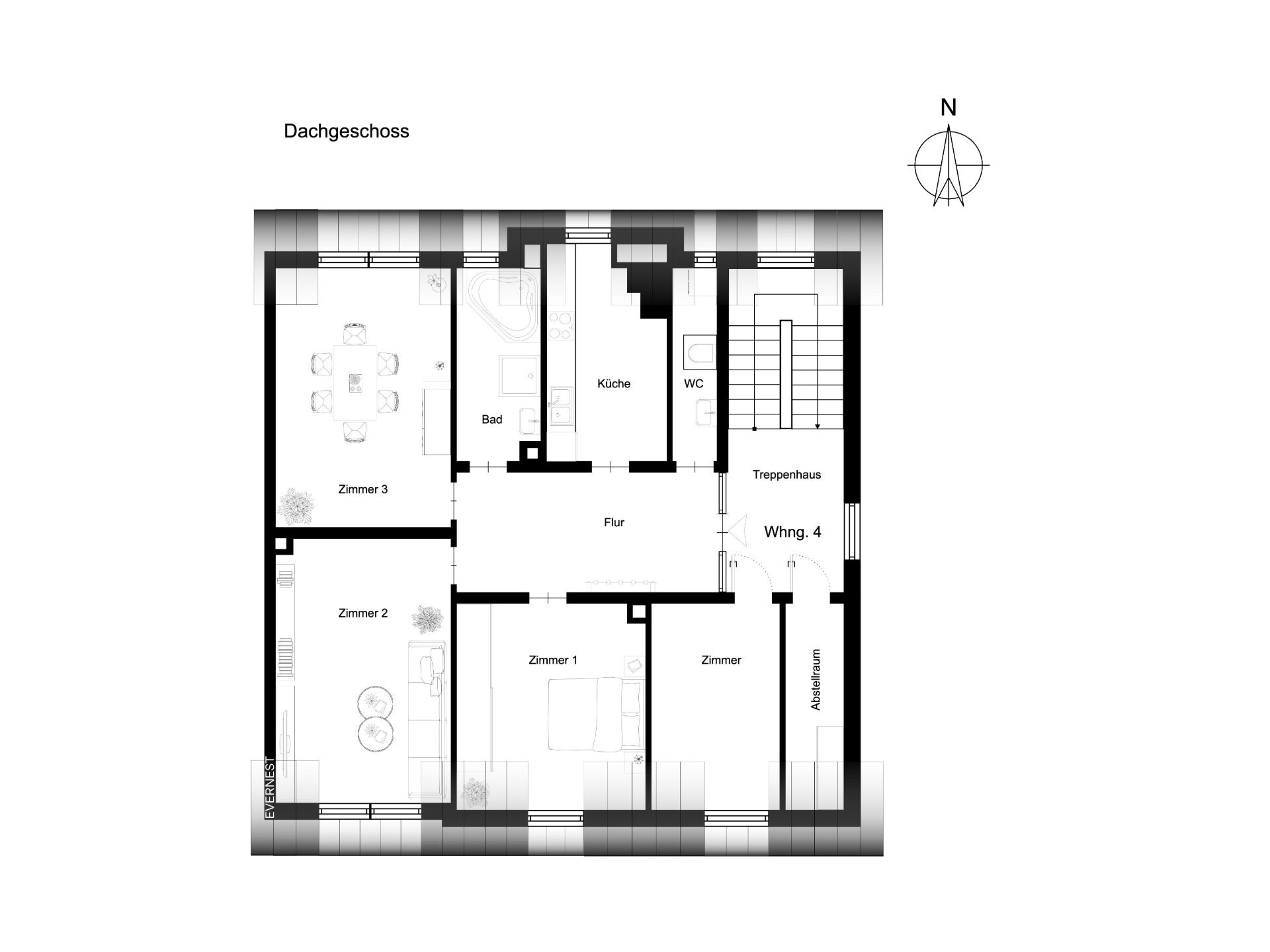 Grundriss einer Wohnung mit mehreren Zimmern, Küche, Bad, WC und Flur im Dachgeschoss.