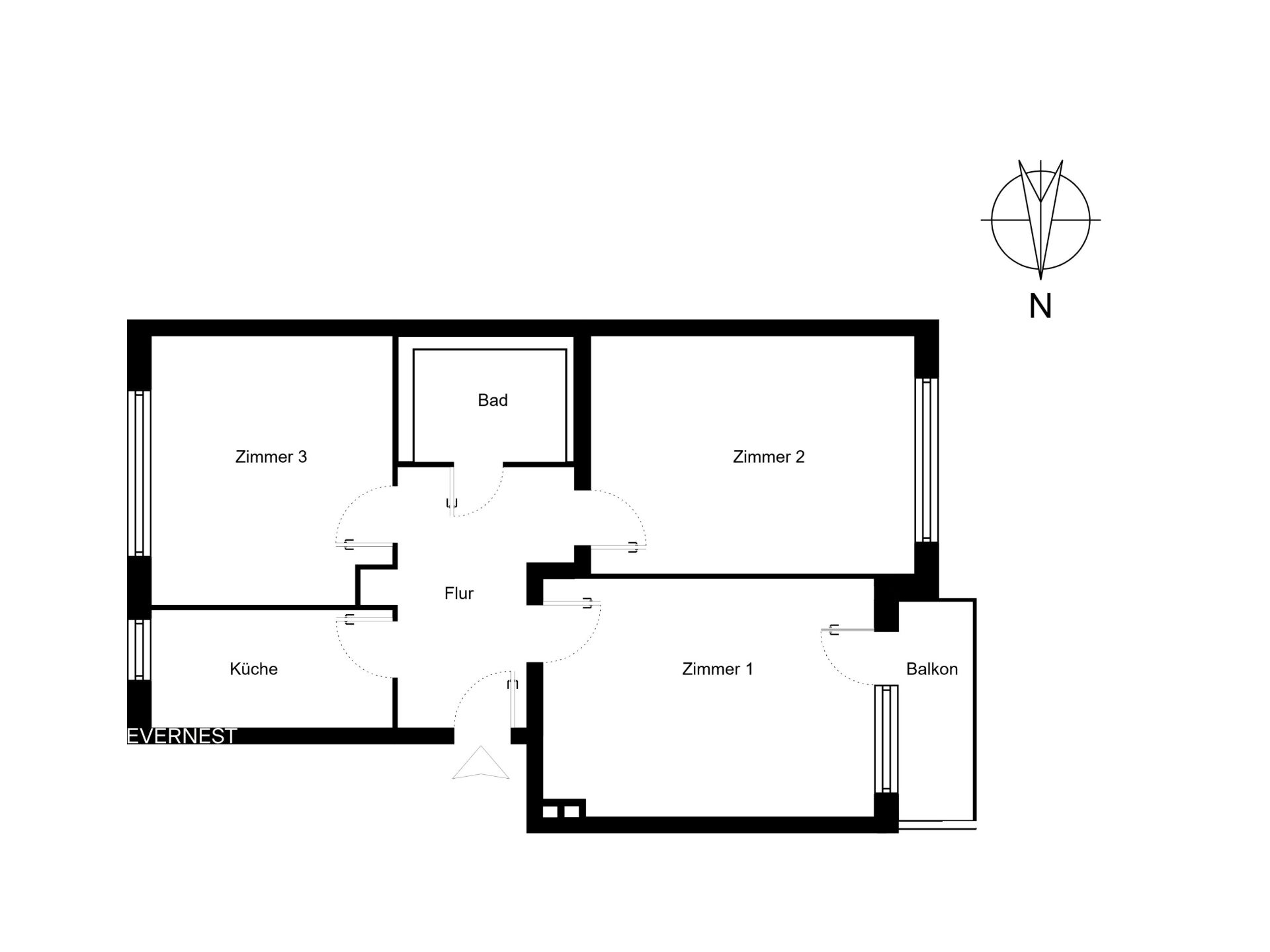 Grundriss mit drei Zimmern, Küche, Bad, Flur und Balkon.