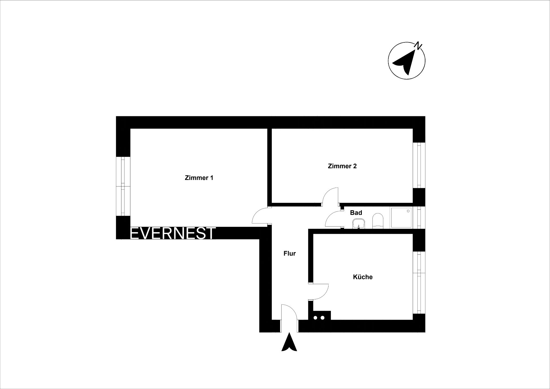 Grundriss mit zwei Zimmern, Küche, Bad und Flur.