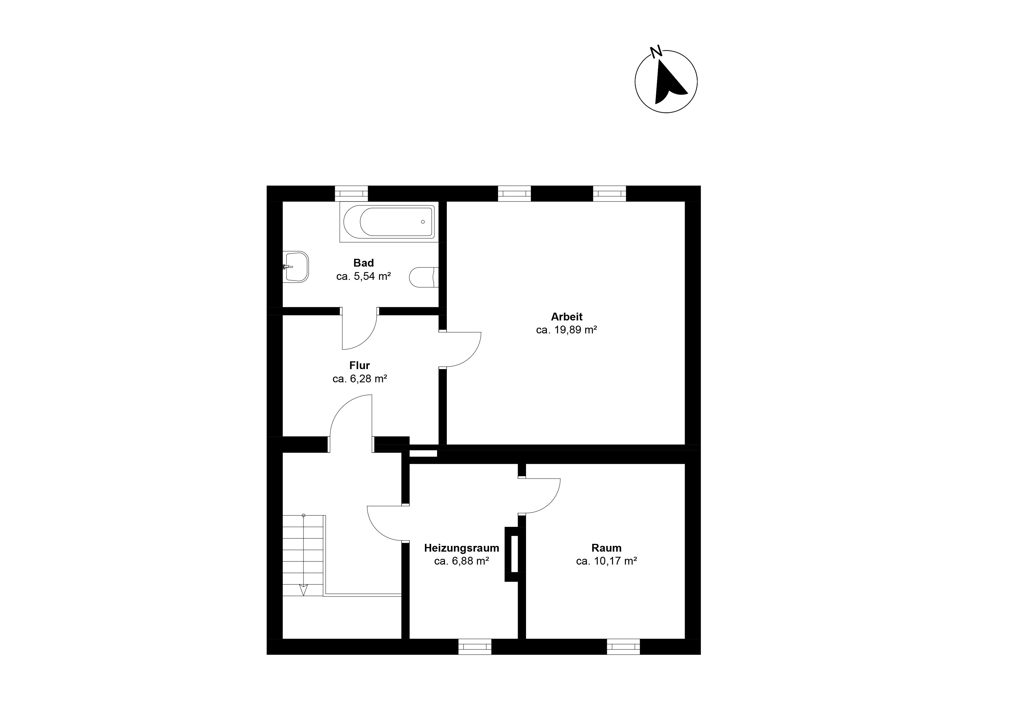 Grundriss mit Bad, Flur, Arbeitszimmer, Heizungsraum und weiterem Raum.