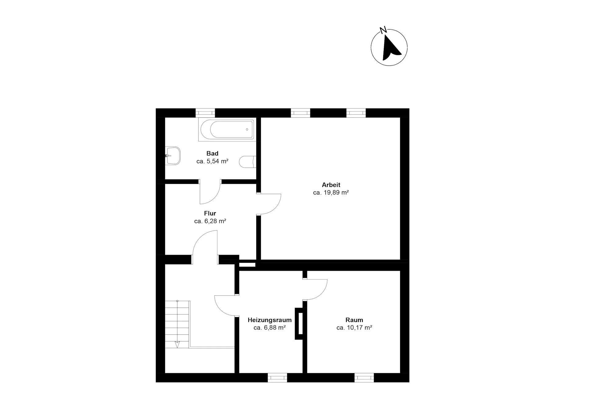 Grundriss mit Bad, Flur, Arbeitszimmer, Heizungsraum und weiterem Raum.