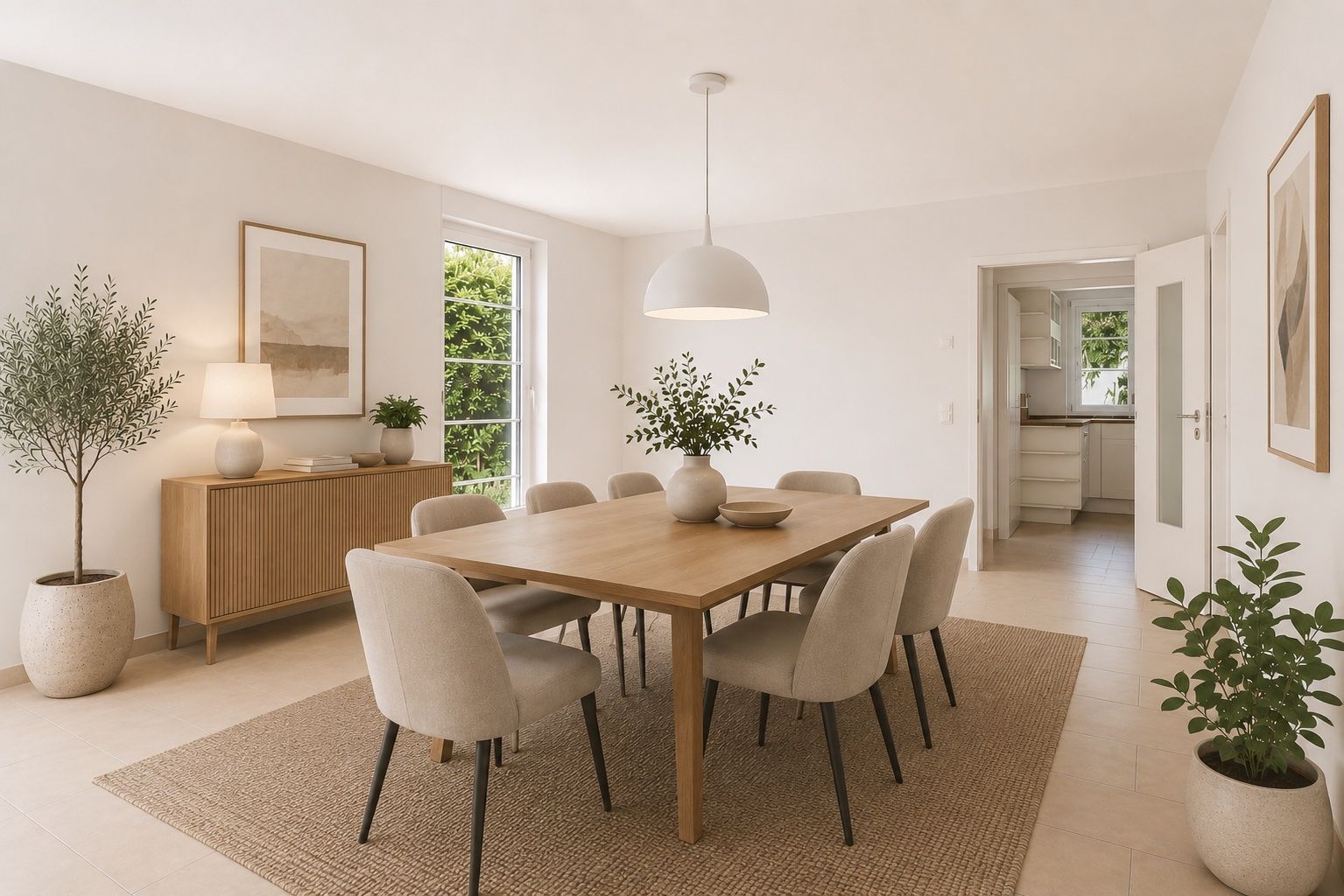 Helles Esszimmer mit Holztisch, acht Stühlen, Teppich und Pflanzen in Töpfen.