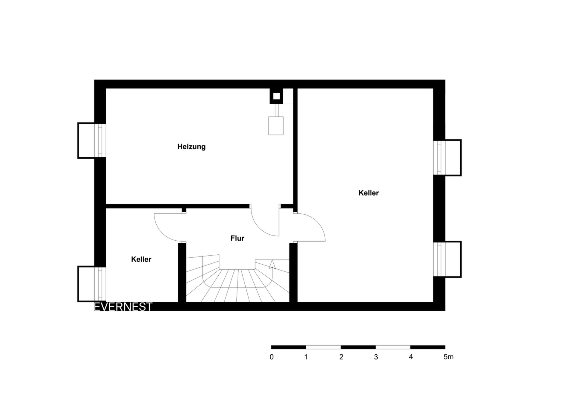 Grundriss eines Kellers mit Heizungsraum, zwei Kellerräumen und Flur.