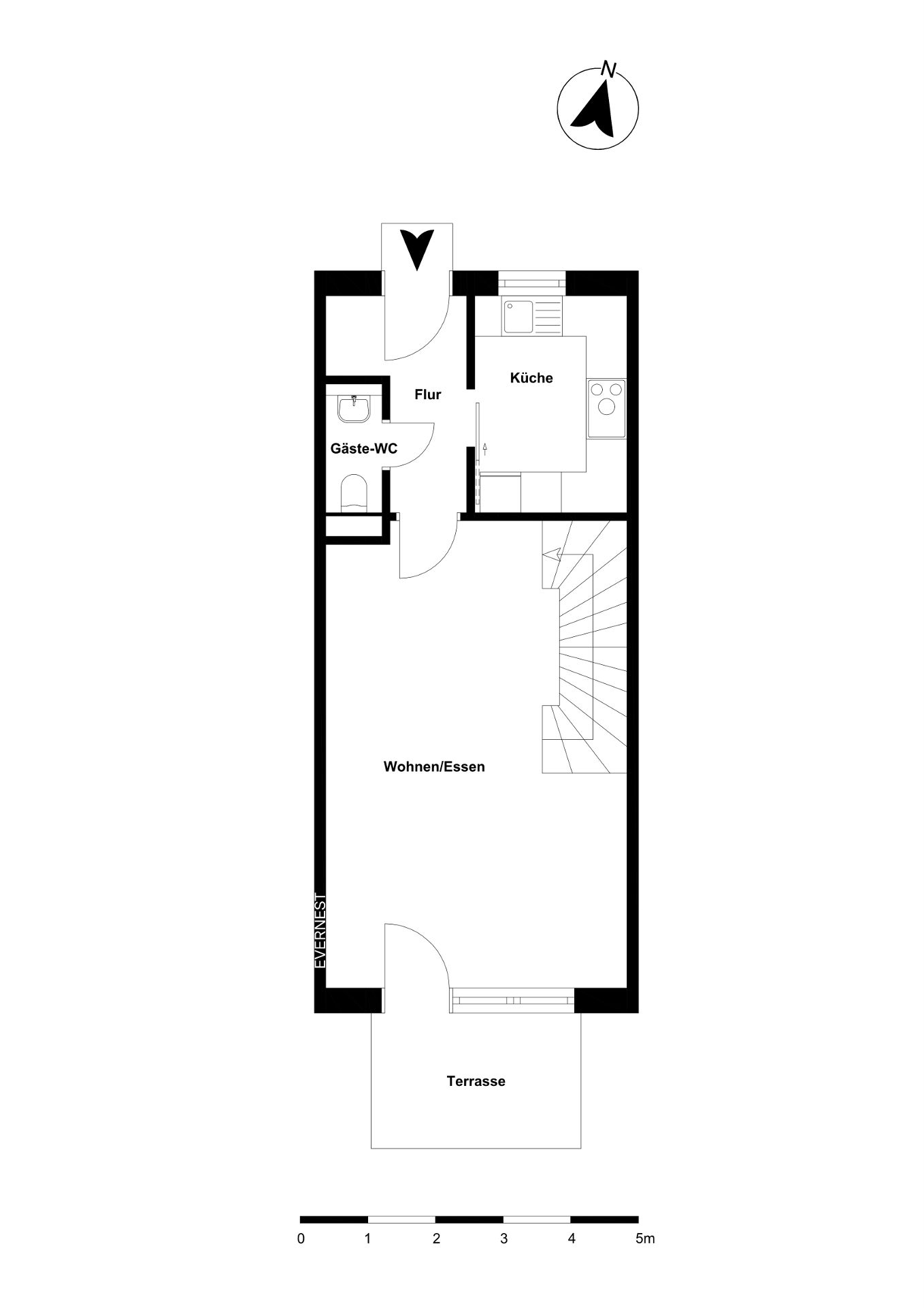 Grundriss eines Wohnbereichs mit Küche, Gäste-WC, Flur, Wohnzimmer und Terrasse.