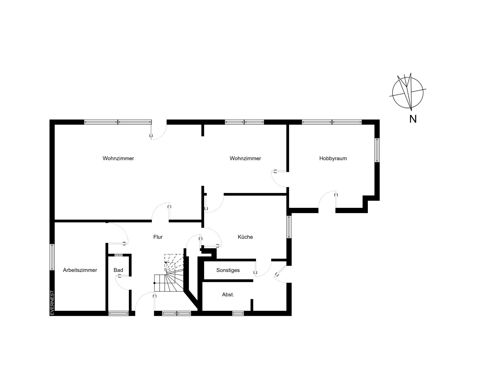 Grundriss einer Wohnung mit Wohnzimmer, Arbeitszimmer, Bad, Küche und Hobbyraum.