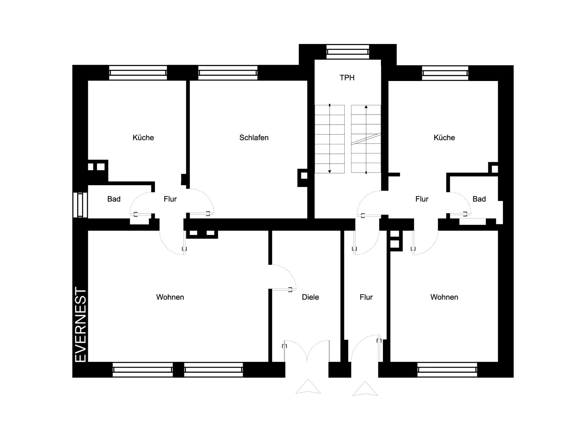 Grundriss mit zwei Wohnungen, jeweils mit Wohnzimmer, Küche, Bad und Flur.