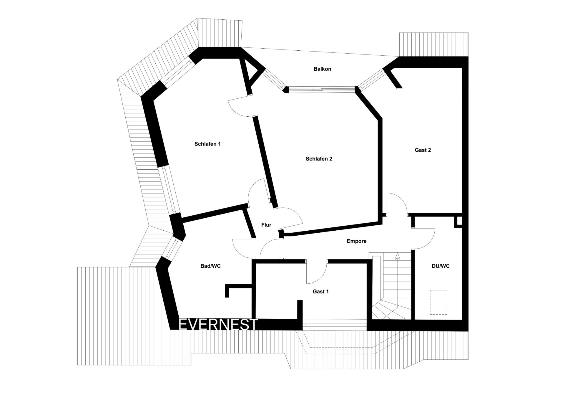 Grundriss mit zwei Schlafzimmern, zwei Gästezimmern, Bad, WC, Flur und Balkon.