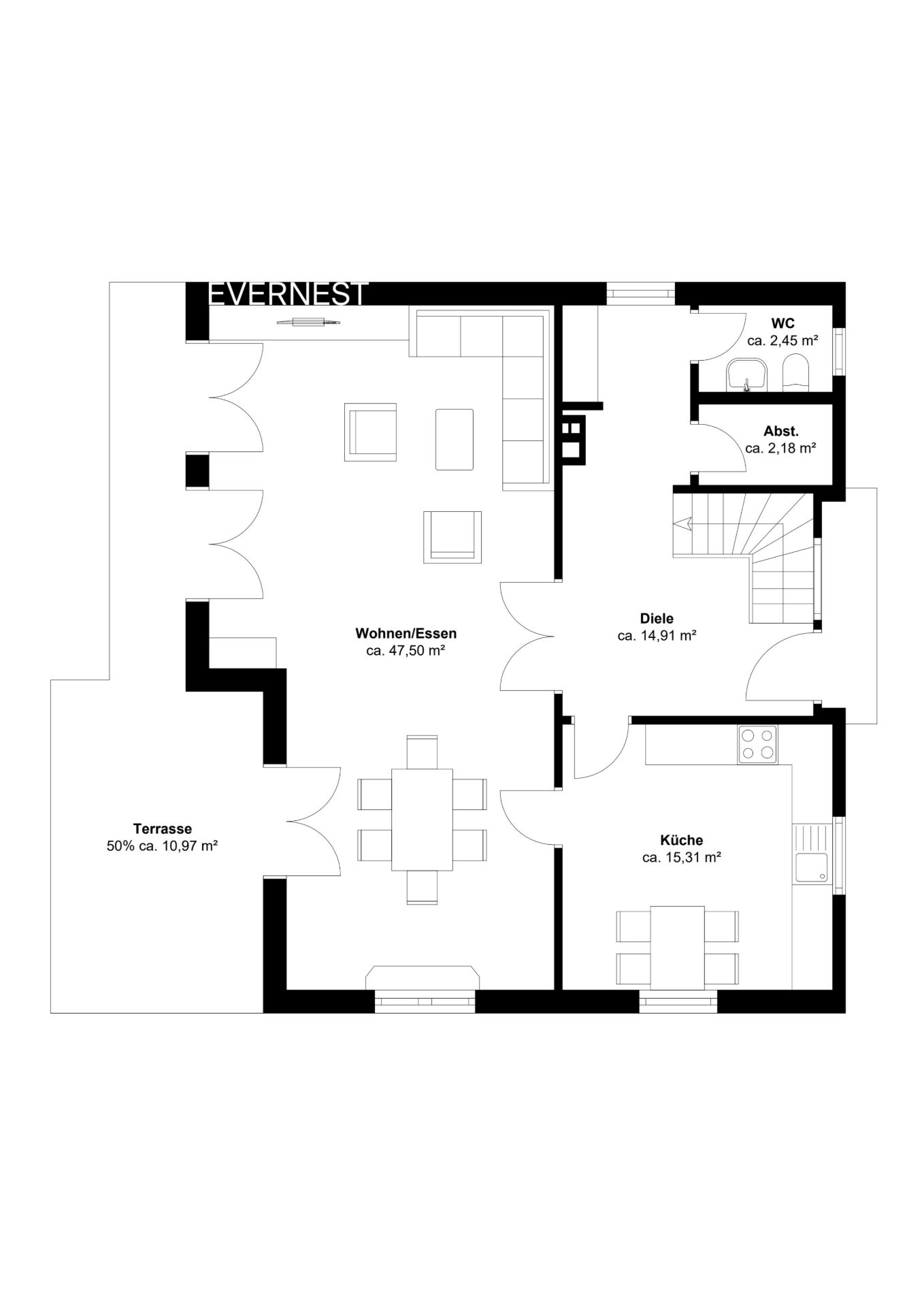 Grundriss mit Wohnzimmer, Essbereich, Küche, Diele, WC, Abstellraum und Terrasse.