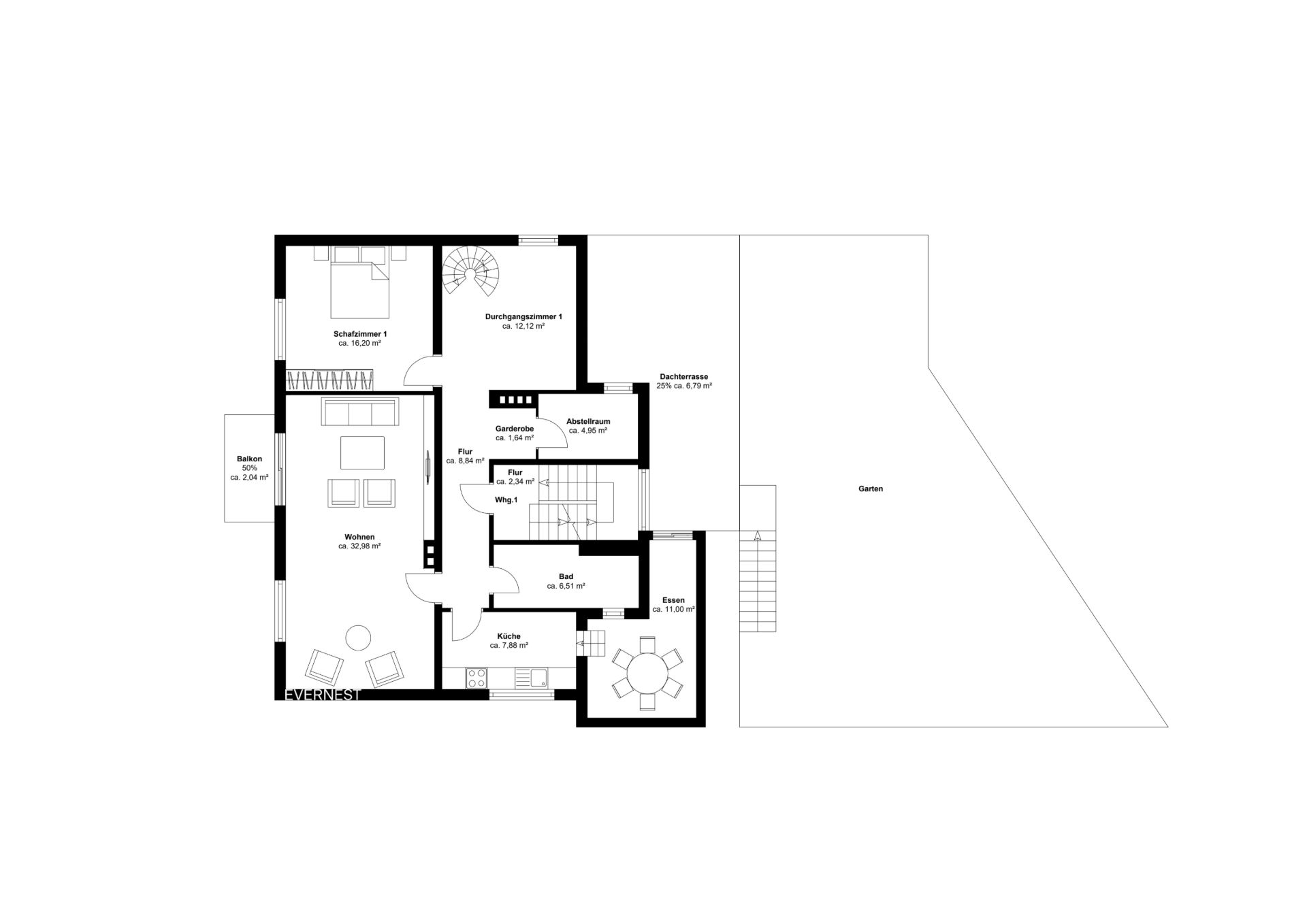 Grundriss eines Wohnhauses mit Wohnzimmer, Schlafzimmer, Bad, Küche und Garten.