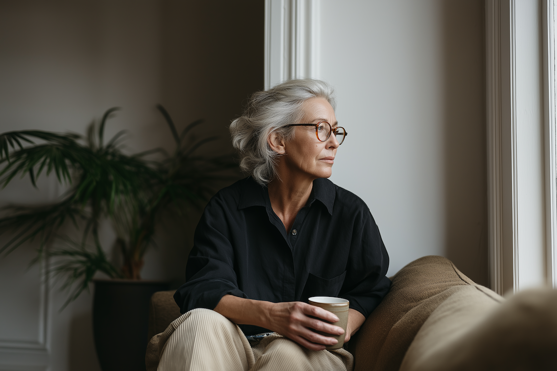 Ältere Frau mit Brille sitzt auf dem Sofa und hält eine Tasse, im Hintergrund steht eine Zimmerpflanze.