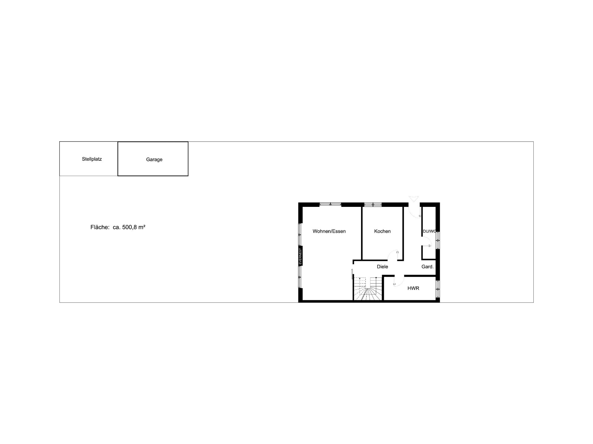Grundriss mit Wohn-/Essbereich, Küche, Diele, Gästezimmer, HWR, Garage und Stellplatz.