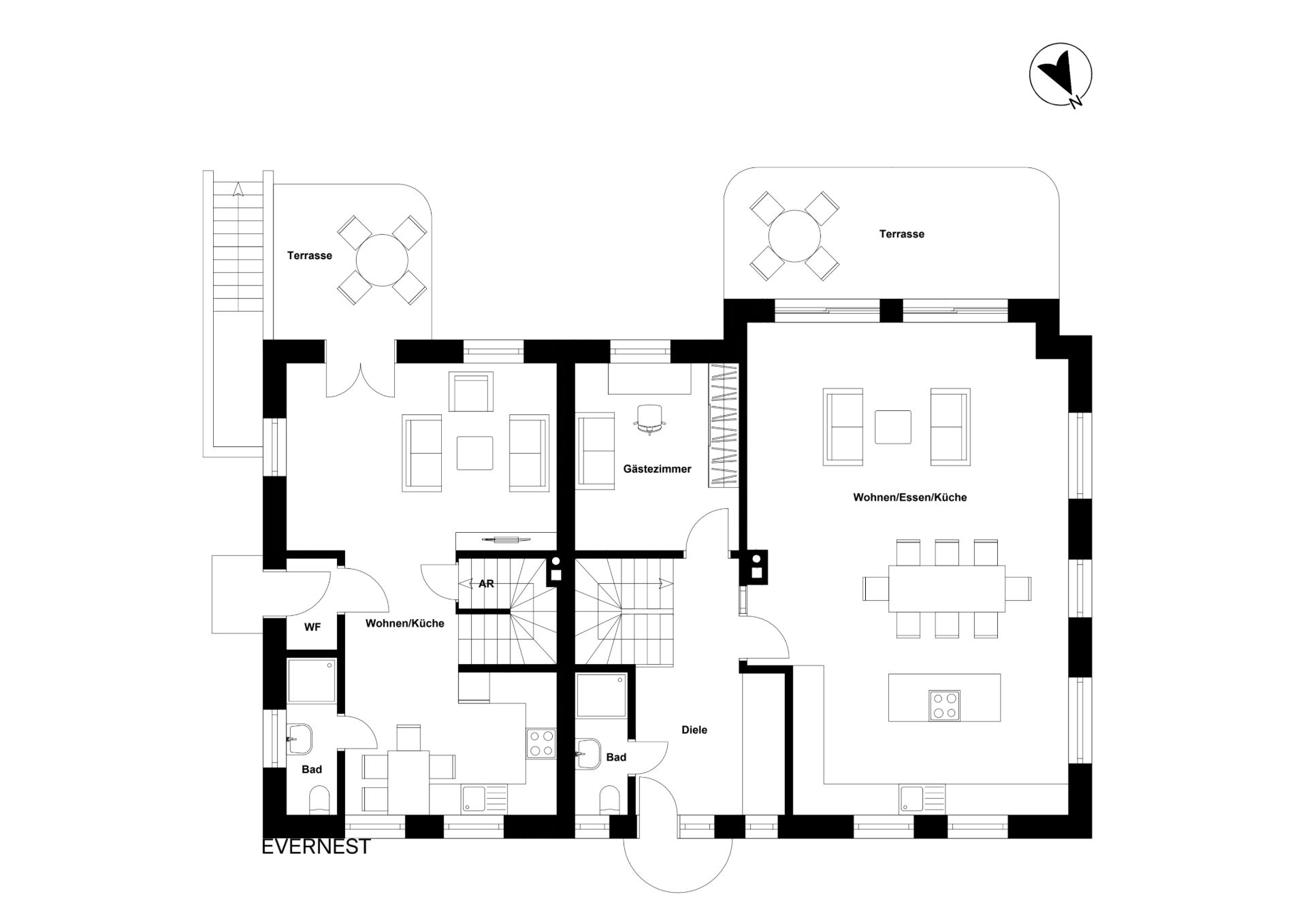 Grundriss einer Wohnung mit Wohnzimmer, Küche, Bad, Gästezimmer und zwei Terrassen.