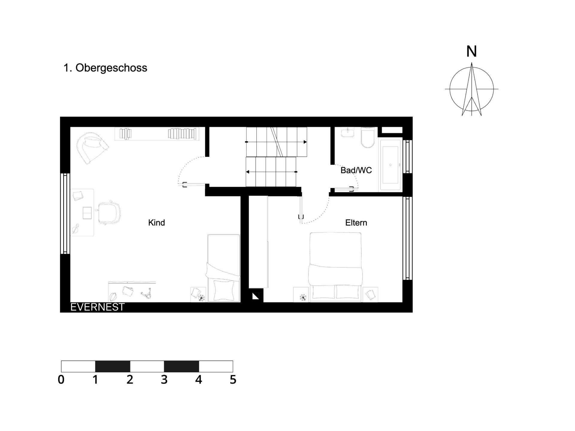 Grundriss des Obergeschosses mit Kinderzimmer, Elternschlafzimmer und Bad/WC.