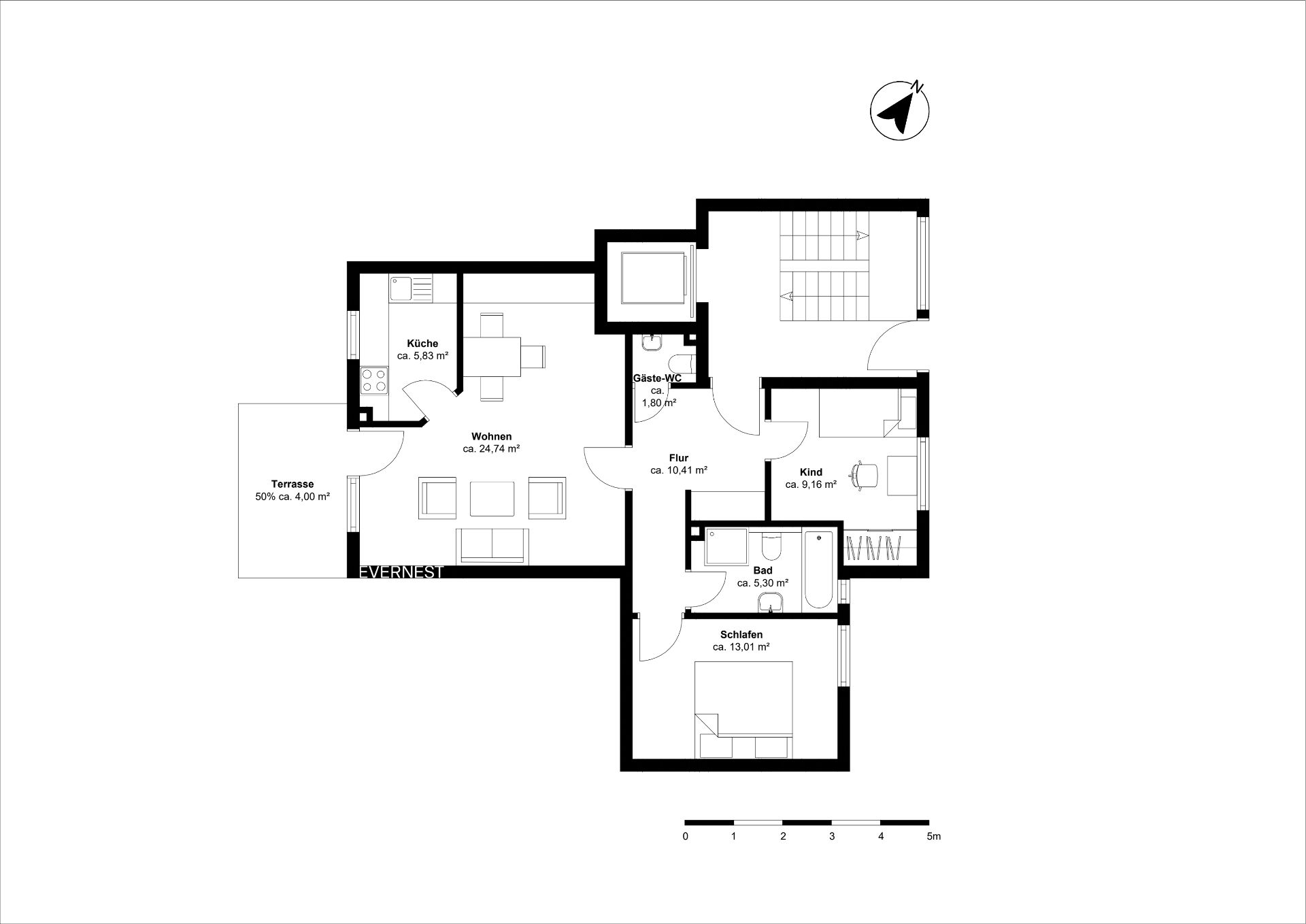 Grundriss einer Wohnung mit Wohnzimmer, Küche, Bad, Gäste-WC, zwei Schlafzimmern und Terrasse.