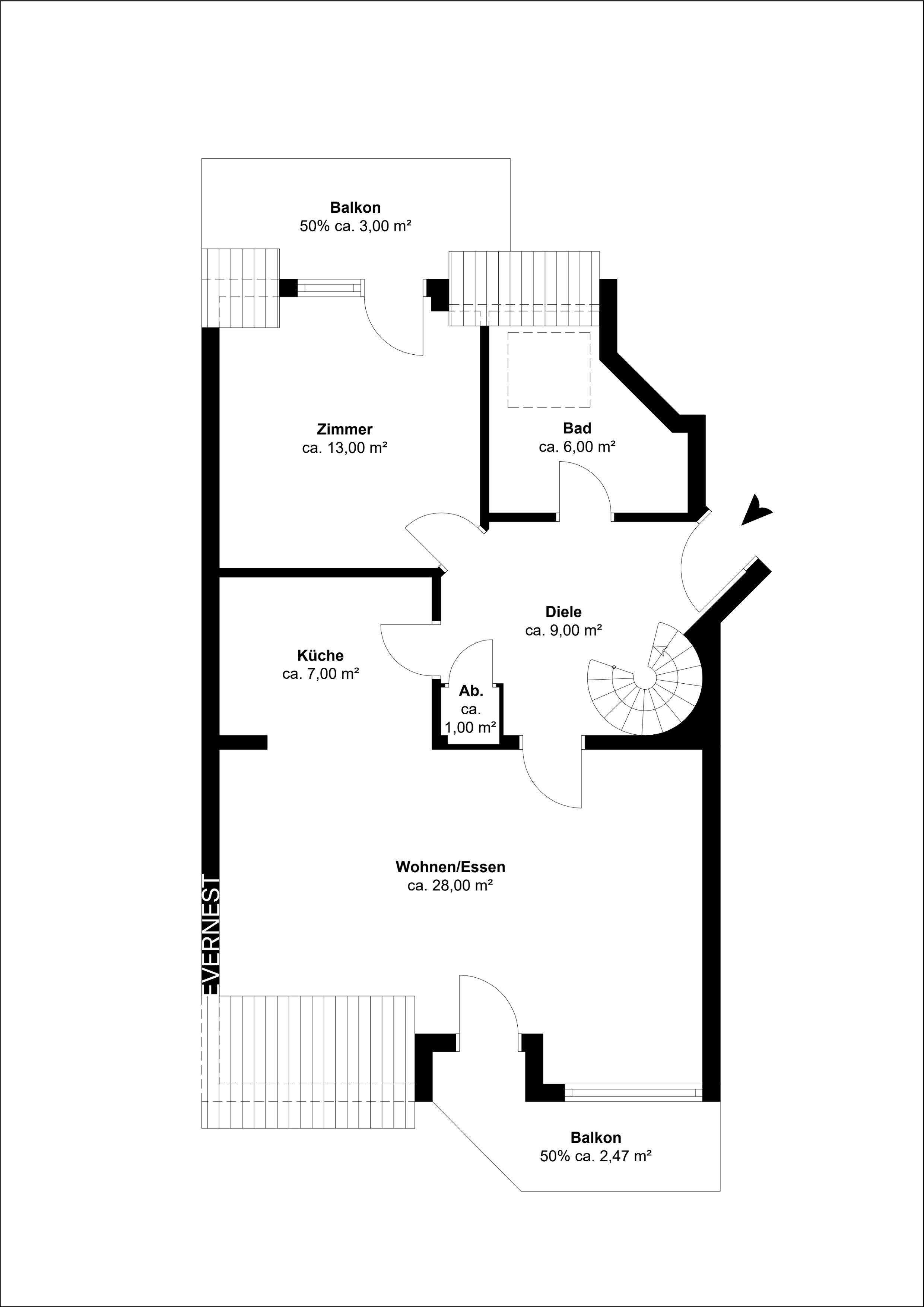 Grundriss einer Wohnung mit Zimmer, Bad, Küche, Abstellraum, Diele, Wohnen/Essen und zwei Balkonen.