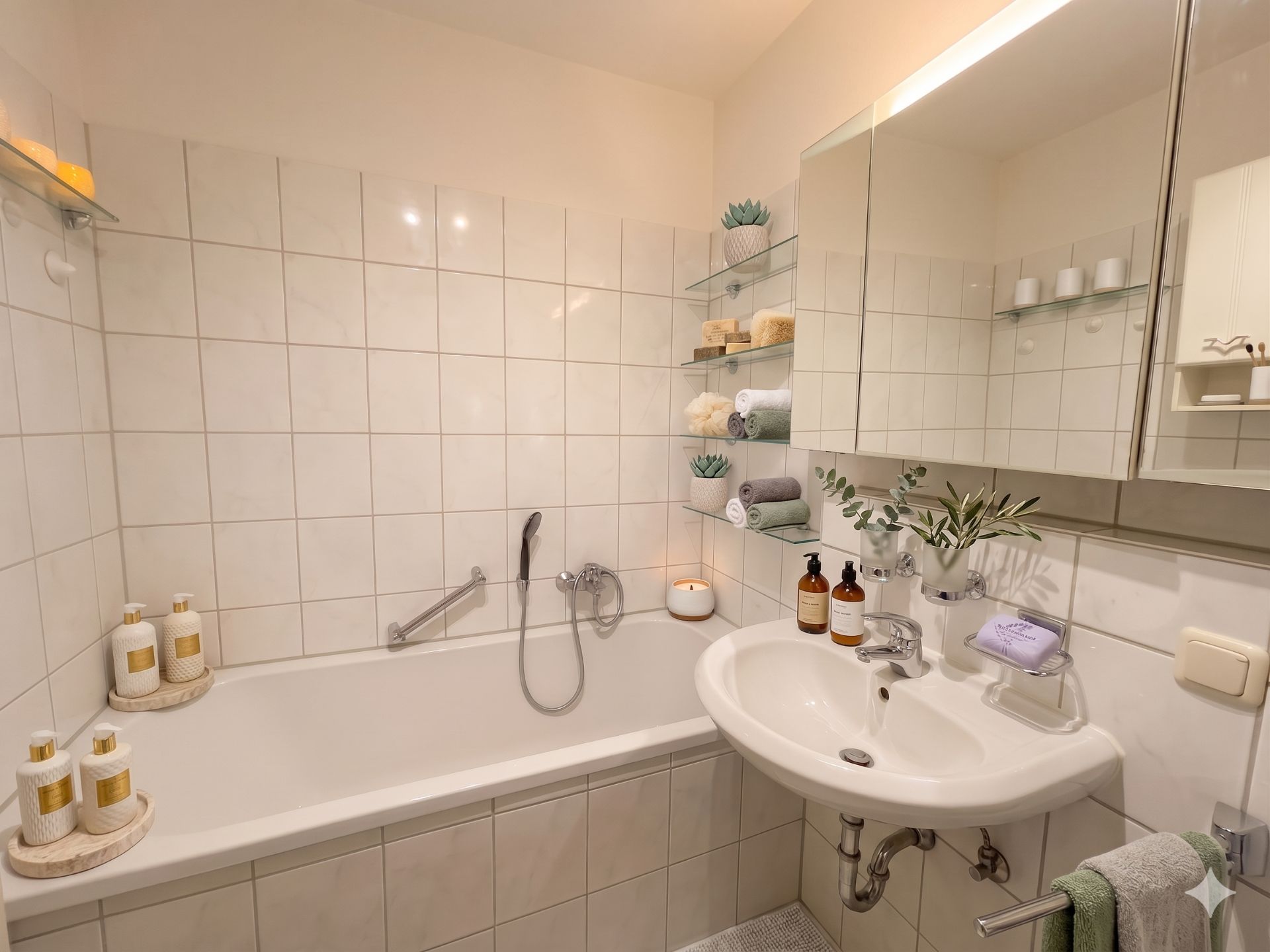 Modernes Badezimmer mit weiß gefliester Badewanne, Waschbecken und Ablagen mit Handtüchern und Pflegeprodukten.
