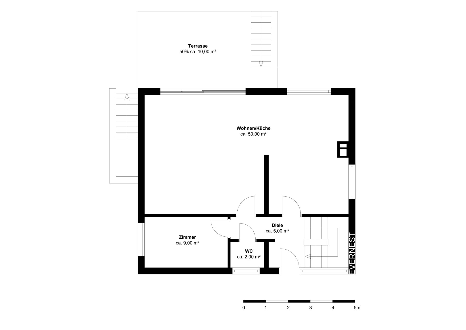 Grundriss mit Wohnküche, Zimmer, WC, Diele und Terrasse.