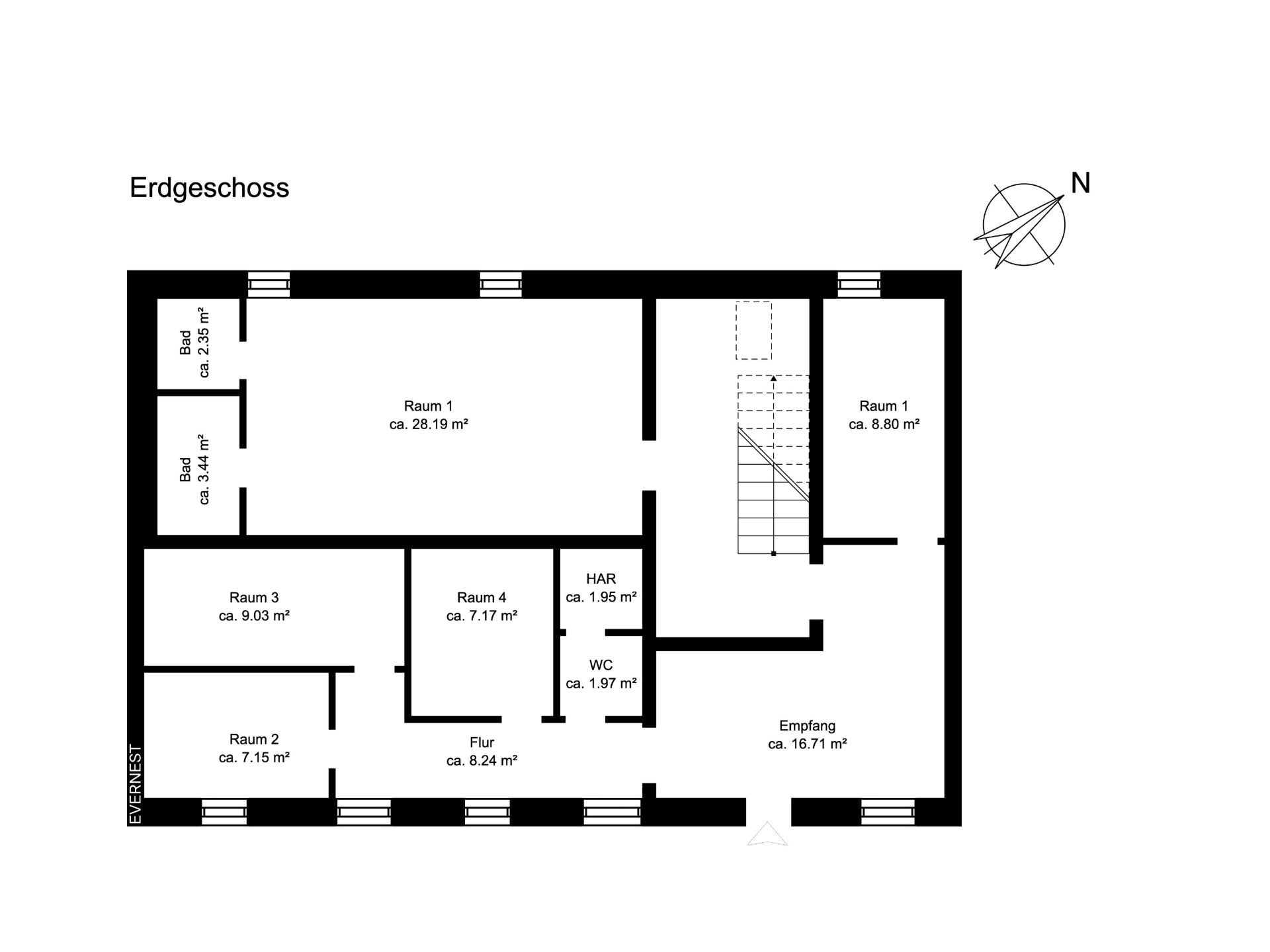Grundriss des Erdgeschosses mit mehreren Räumen, Flur, WC und Empfangsbereich.