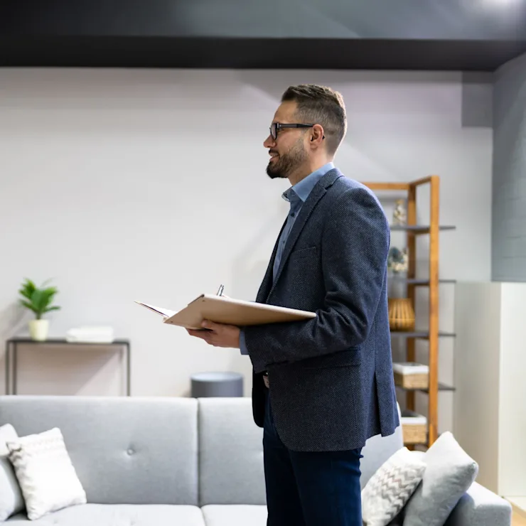 Mann mit Klemmbrett steht in modernem Wohnzimmer neben grauem Sofa und Pflanzen.