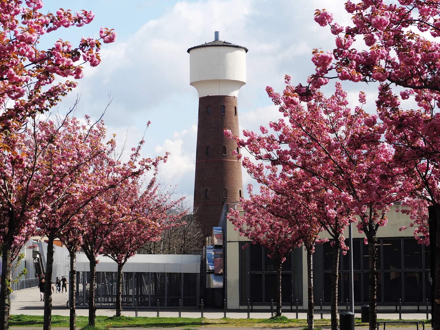 Wohnhaus mit Balkonen und roten Dachziegeln, umgeben von grünen Bäumen.