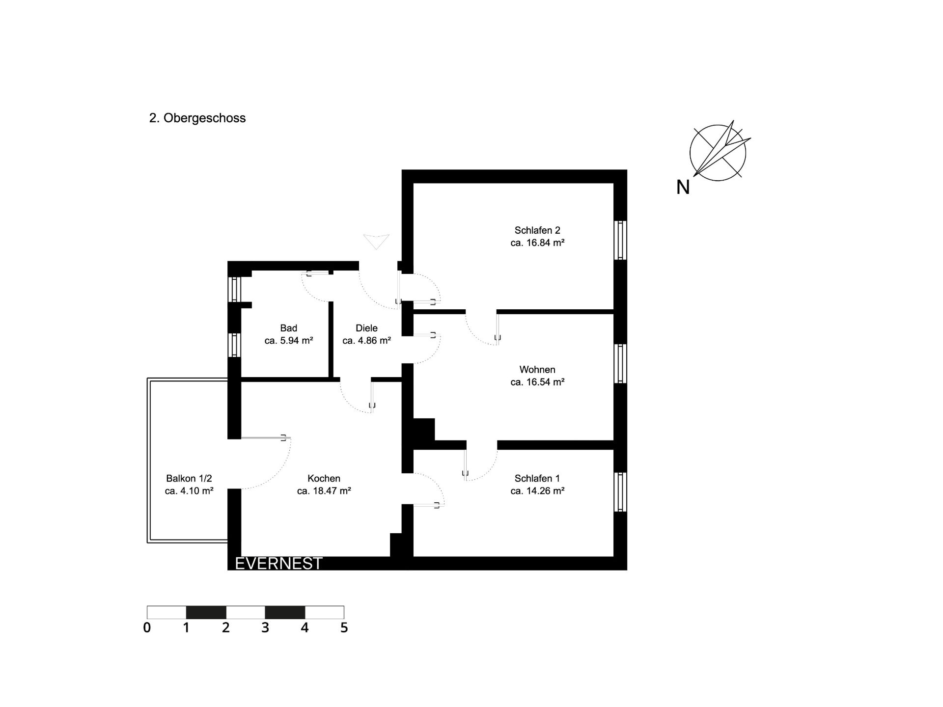 Grundriss einer Wohnung mit zwei Schlafzimmern, Wohnzimmer, Küche, Bad, Flur und Balkon.