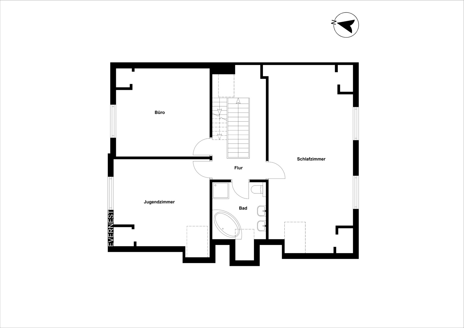 Grundriss mit Büro, Jugendzimmer, Schlafzimmer, Bad und Flur.