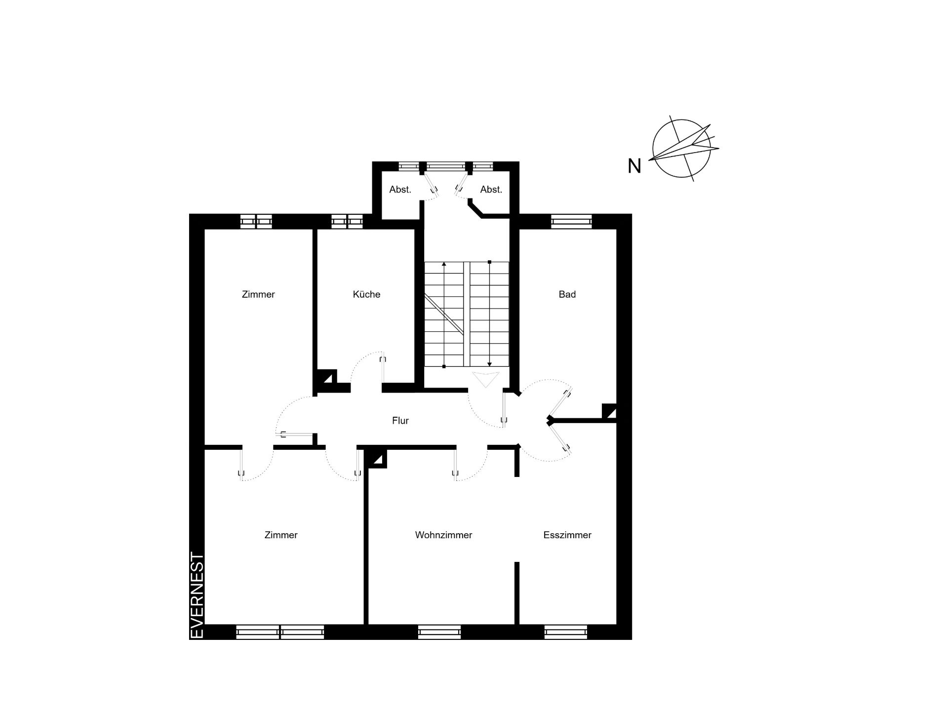 Grundriss einer Wohnung mit Zimmern, Bad, Küche, Wohnzimmer, Esszimmer und Flur.