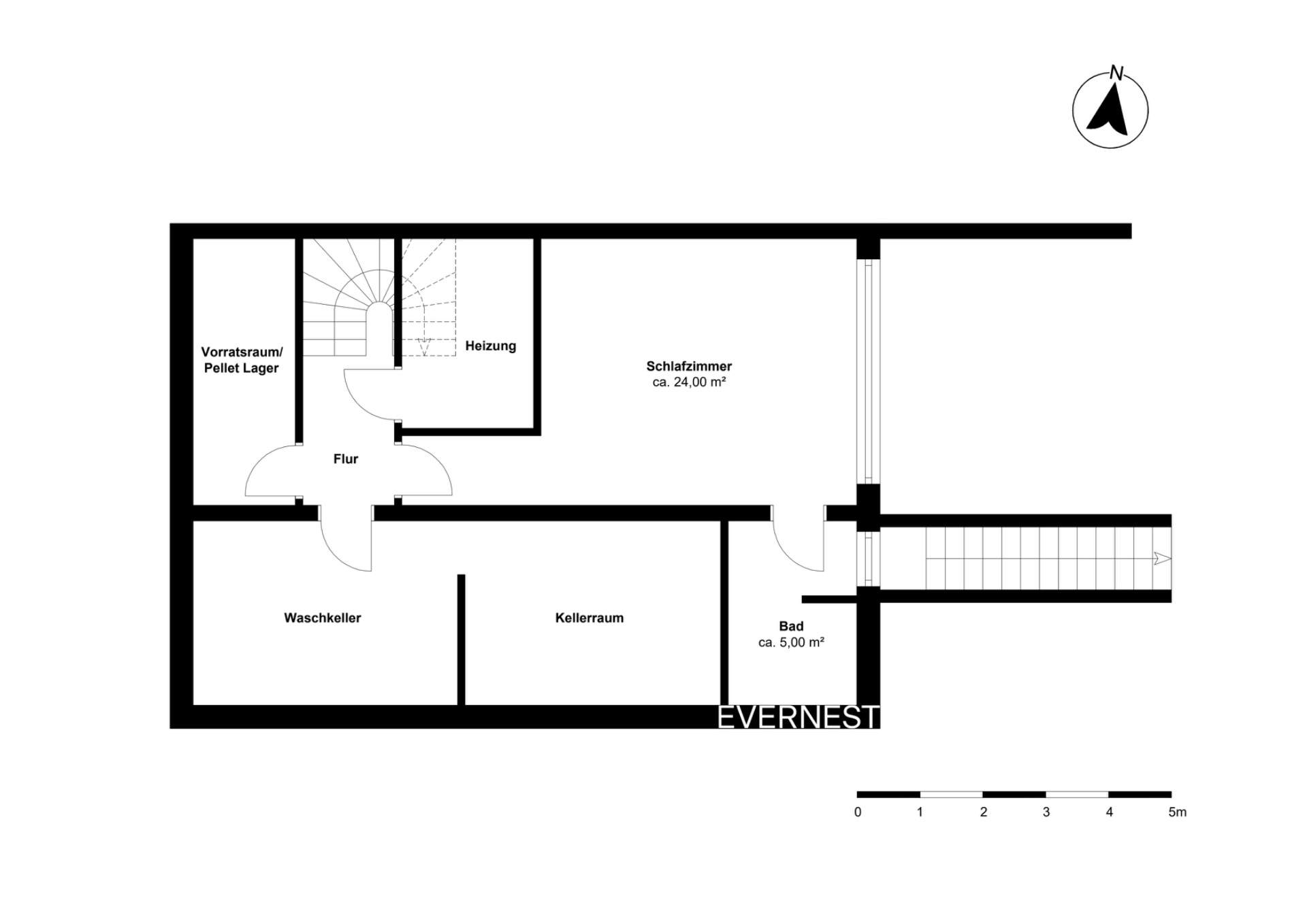 Grundriss mit Schlafzimmer, Bad, Waschraum, Keller, Heizraum und Abstellraum.
