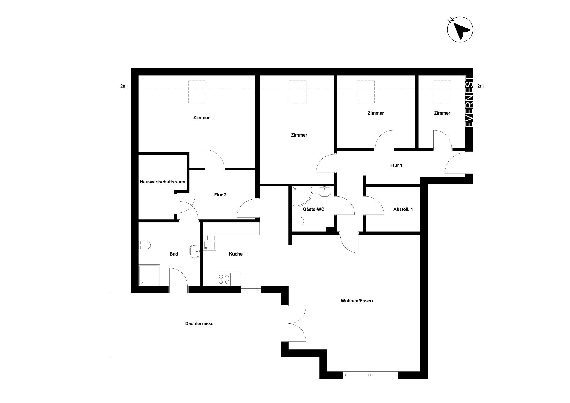 Grundriss einer Wohnung mit Zimmern, Bad, Küche, Hauswirtschaftsraum und Dachterrasse.