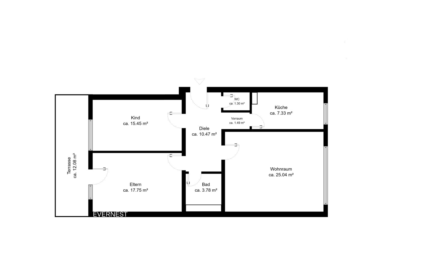 Grundriss einer Wohnung mit Terrasse, zwei Schlafzimmern, Bad, Küche und Wohnraum.