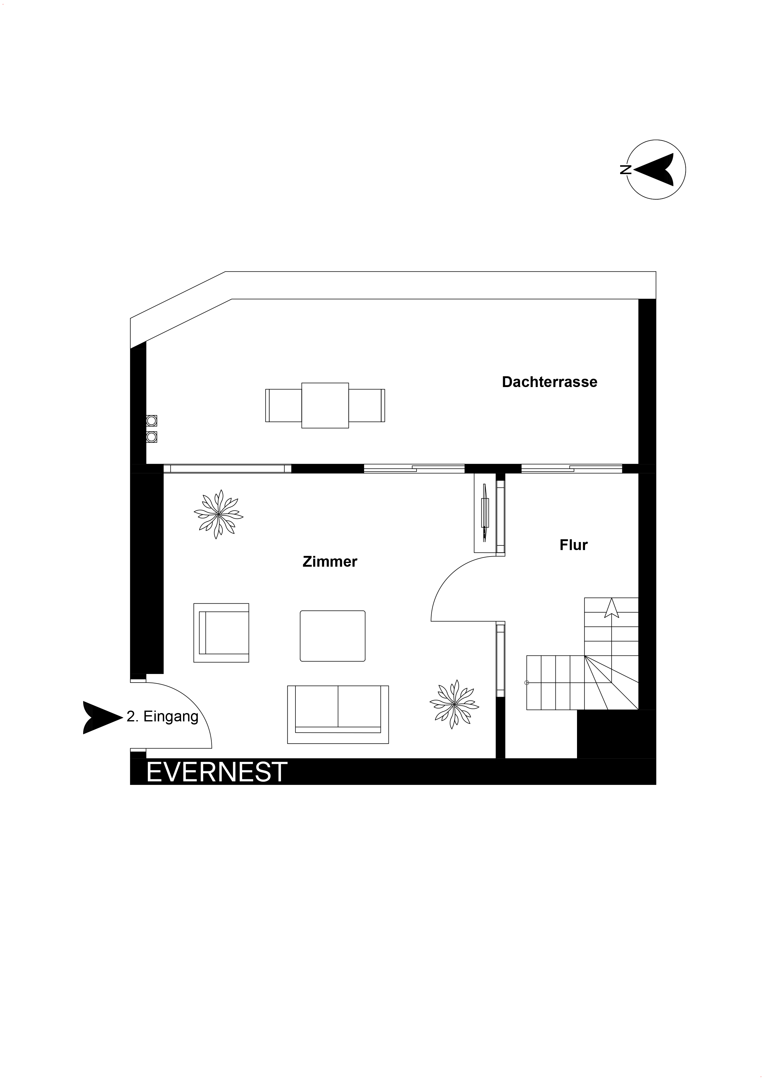 Grundriss mit Zimmer, Flur, Dachterrasse, zweitem Eingang und Treppe.