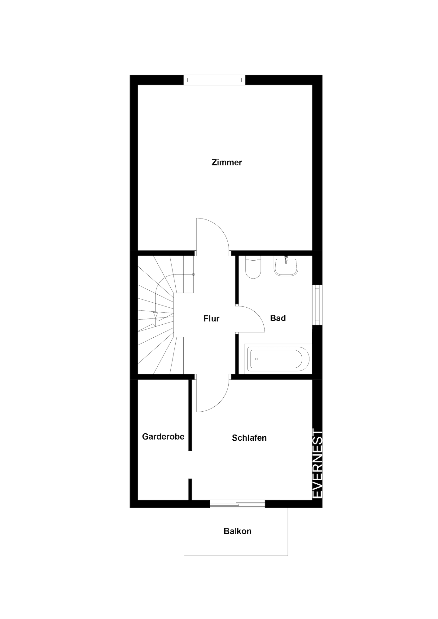 Grundriss mit Zimmer, Bad, Garderobe, Schlafzimmer, Flur und Balkon.