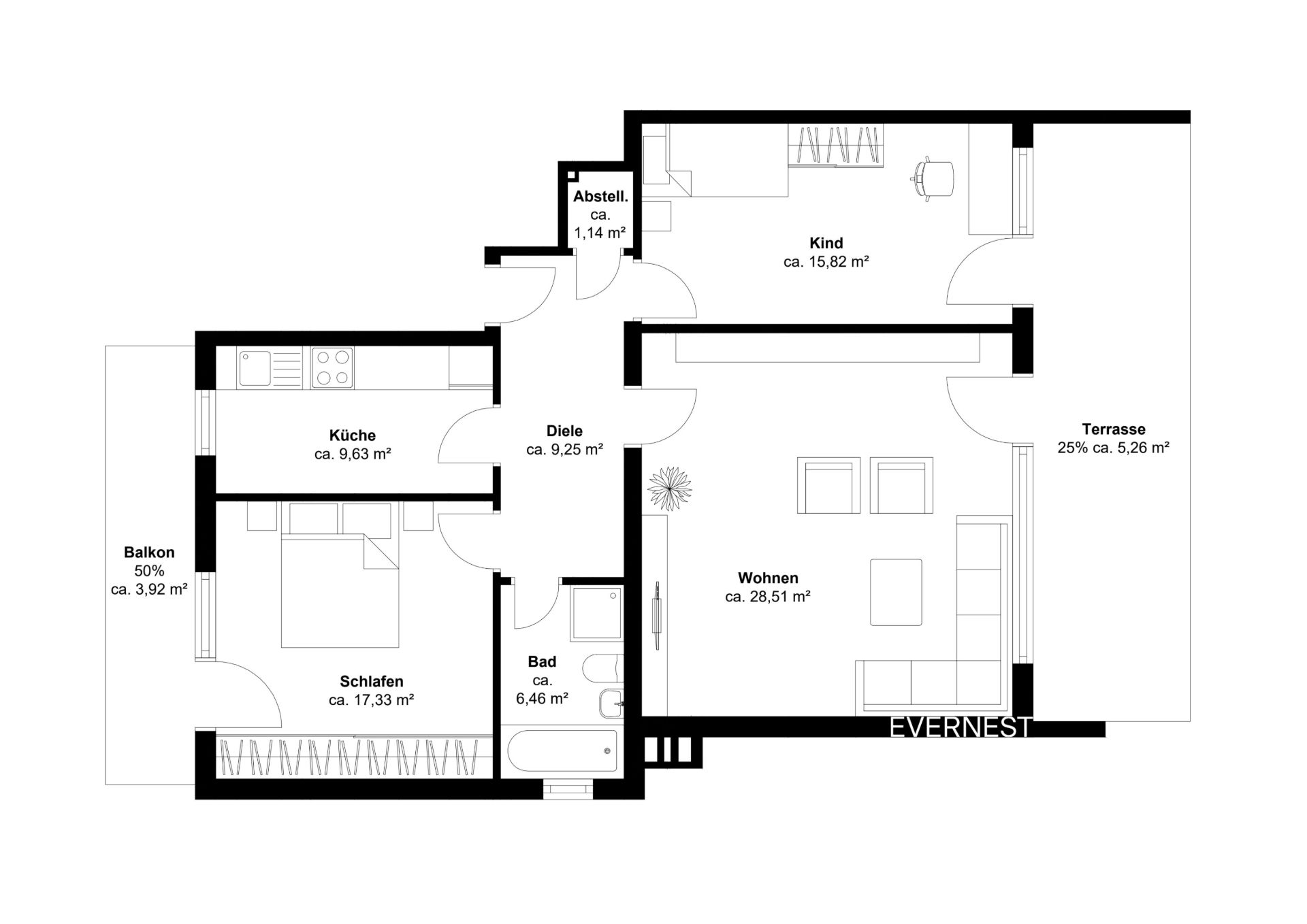 Grundriss einer Wohnung mit Schlafzimmer, Kinderzimmer, Küche, Bad, Wohnzimmer, Balkon und Terrasse.