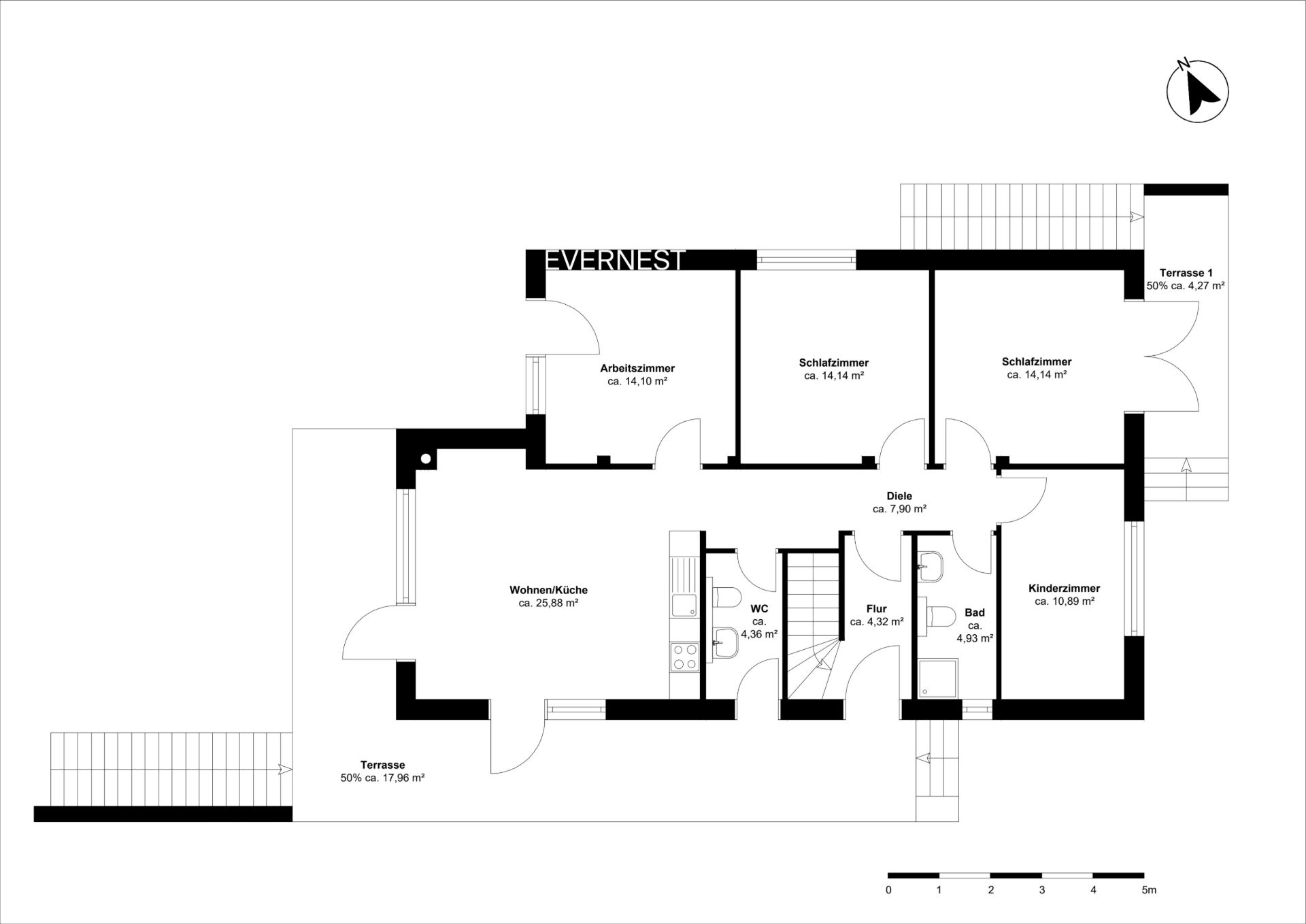 Grundriss einer Wohnung mit Wohnzimmer, Küche, Bad, WC, Schlafzimmern und zwei Terrassen.