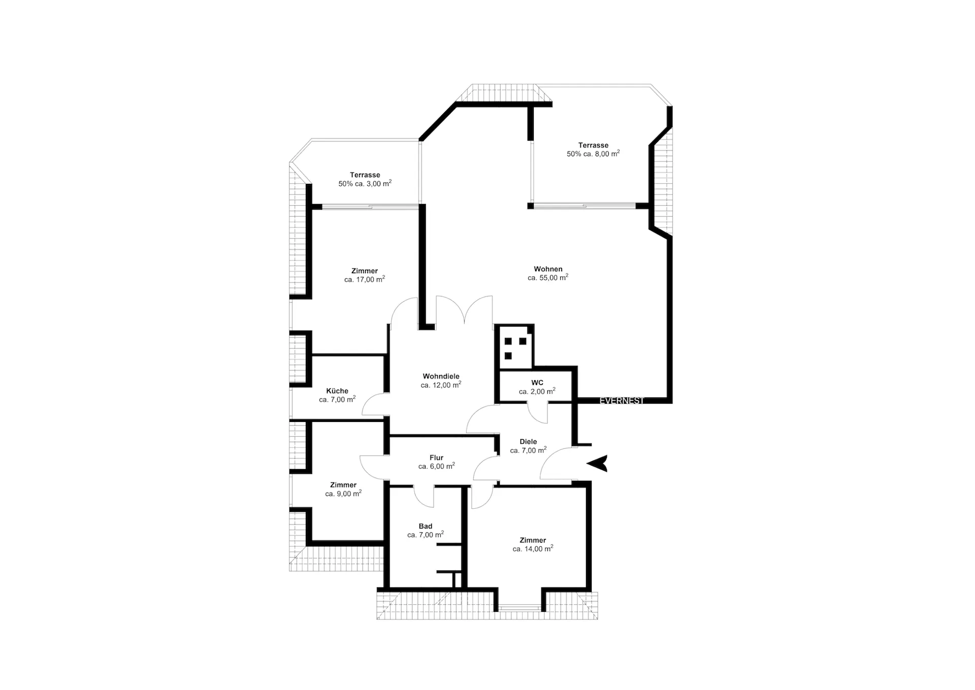 Grundriss einer Wohnung mit mehreren Zimmern, Küche, Bad, WC und zwei Terrassen.