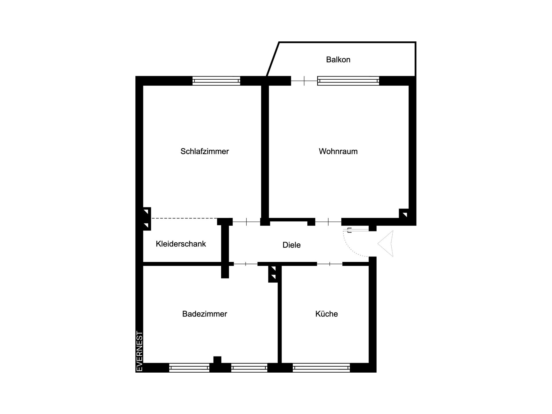 Grundriss einer Wohnung mit Schlafzimmer, Wohnzimmer, Küche, Bad, Kleiderschrank, Flur und Balkon.