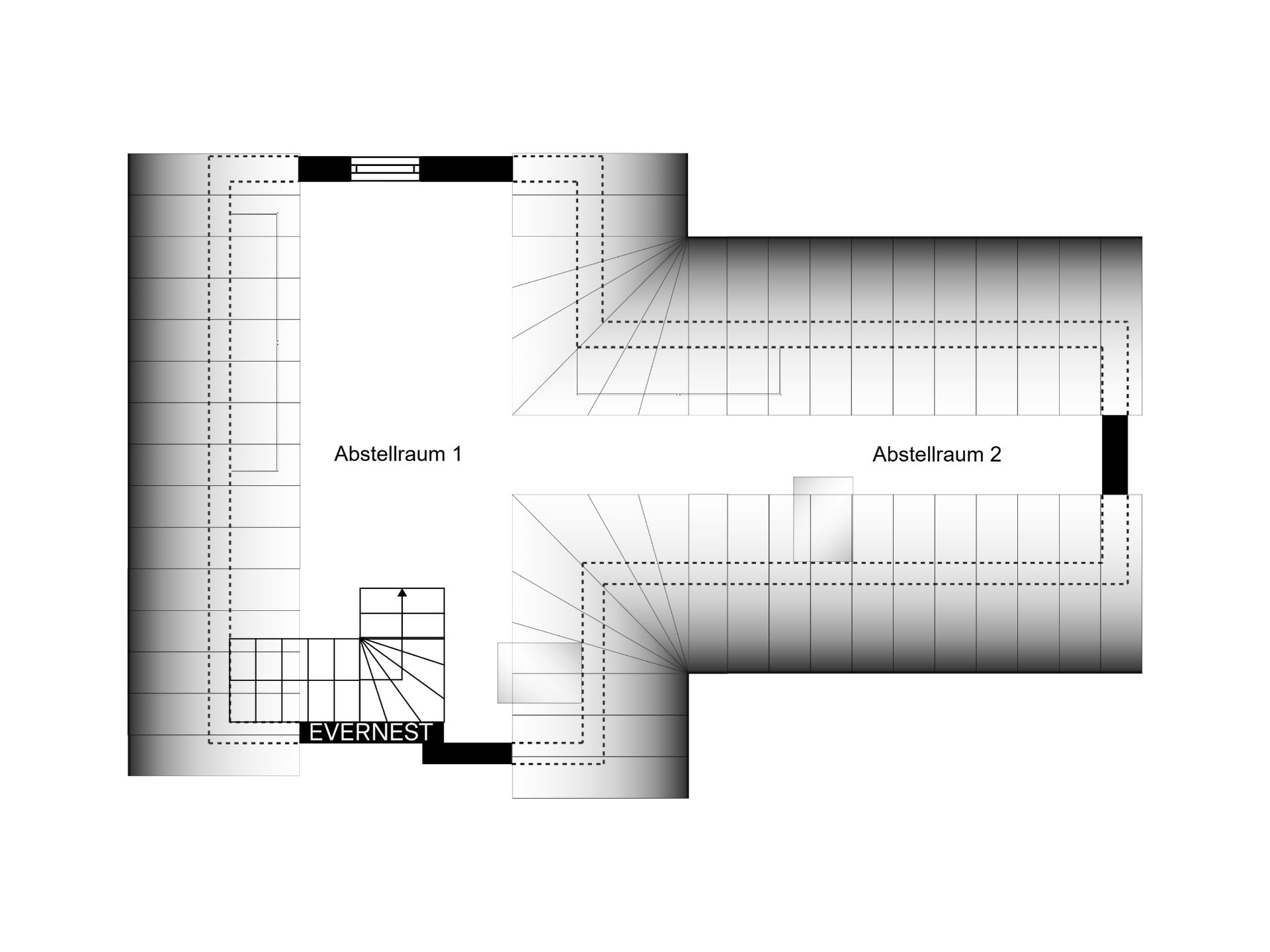 Grundriss mit zwei Abstellräumen und Treppenaufgang.