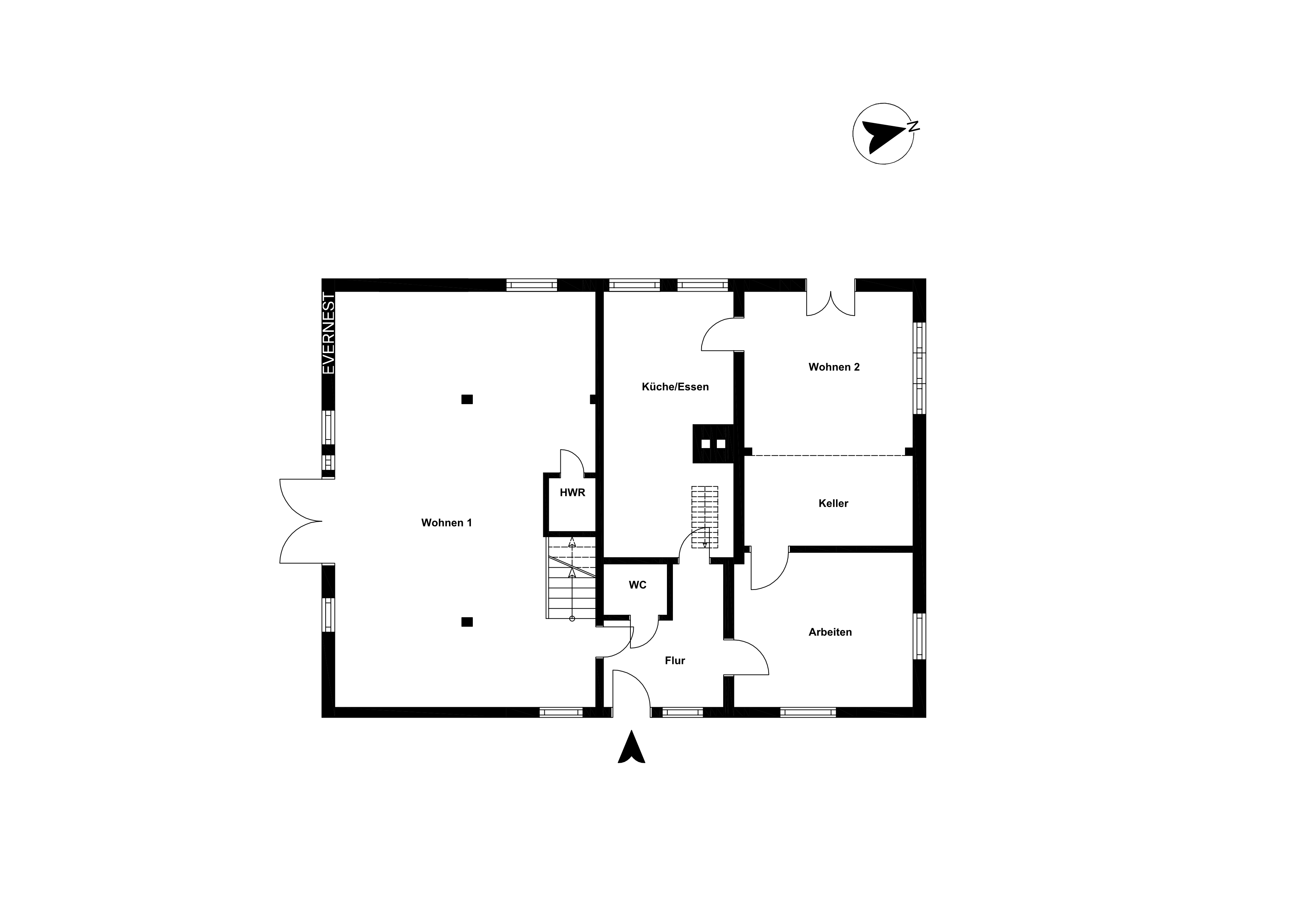Grundriss mit Räumen: Wohnen 1, Wohnen 2, Küche/Essen, Keller, Arbeiten, WC, Flur und HWR.