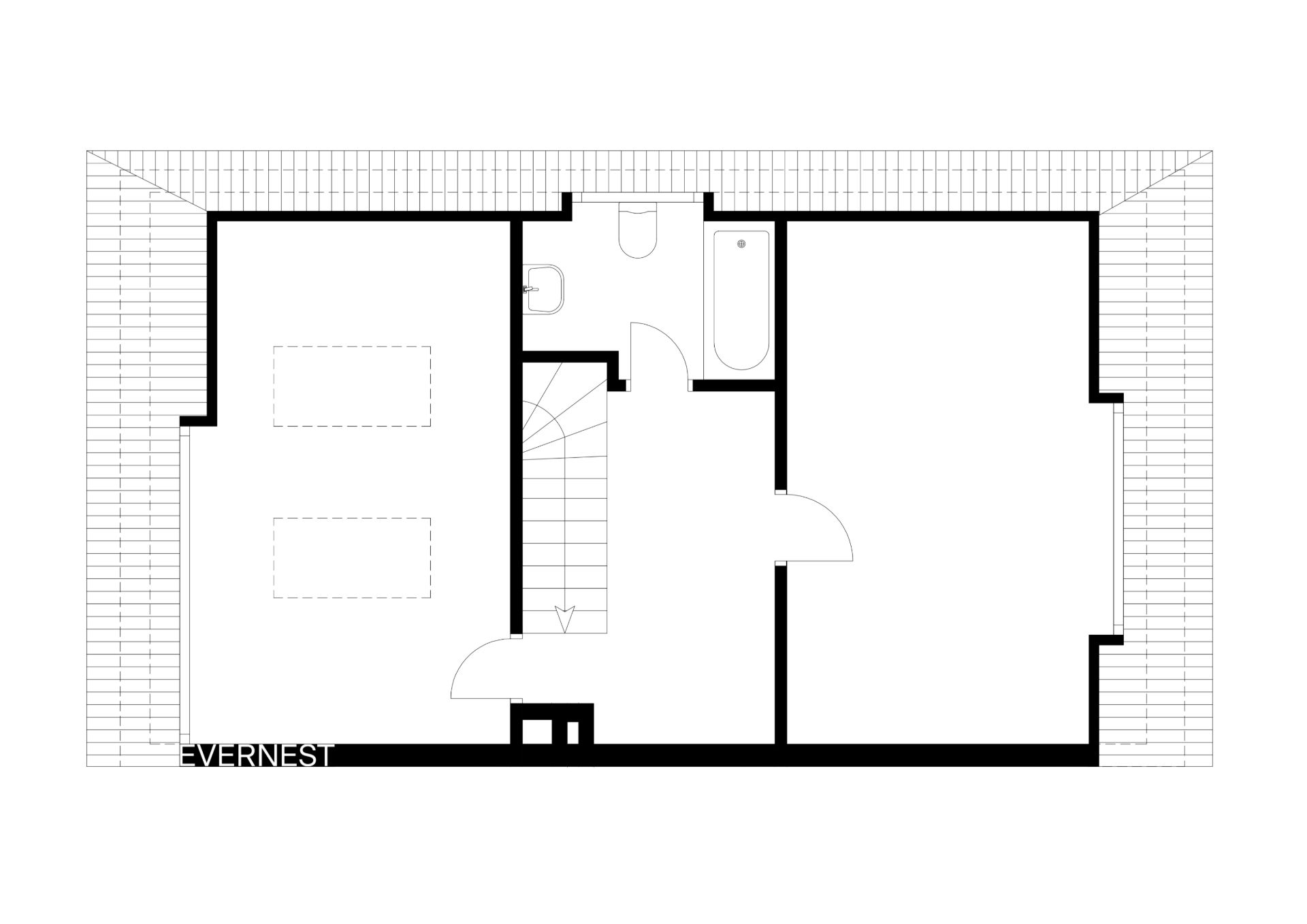Grundriss mit drei Räumen, Bad mit Badewanne und einer Treppe in der Mitte.