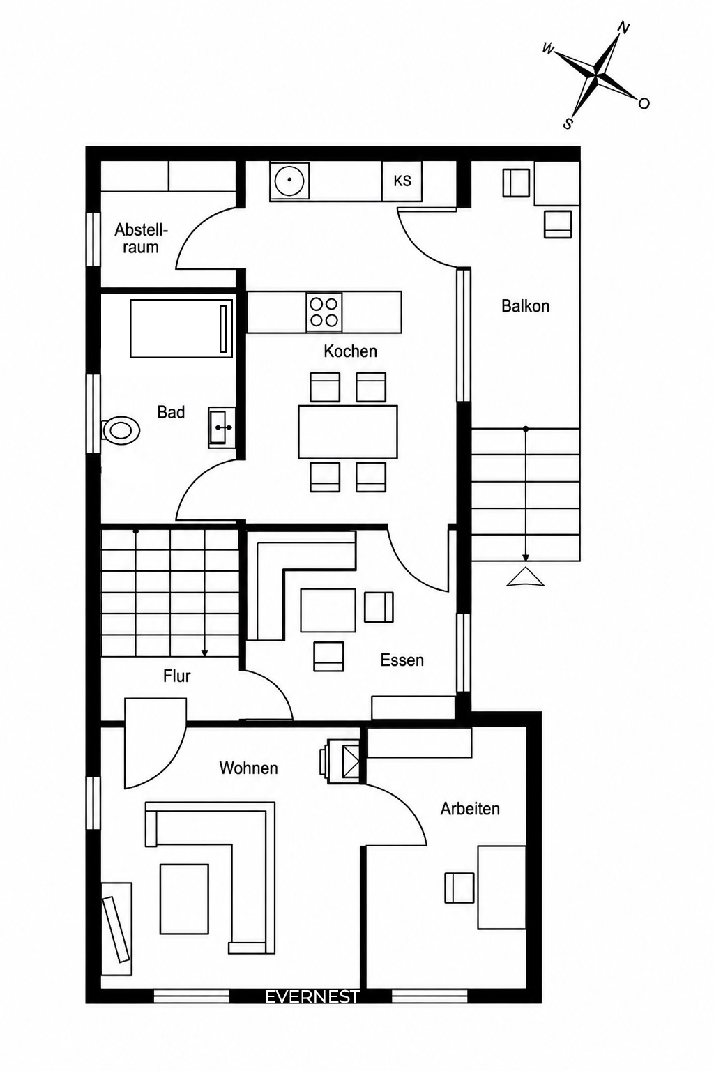Grundriss einer Wohnung mit Bad, Küche, Wohnzimmer, Arbeitszimmer und Balkon.