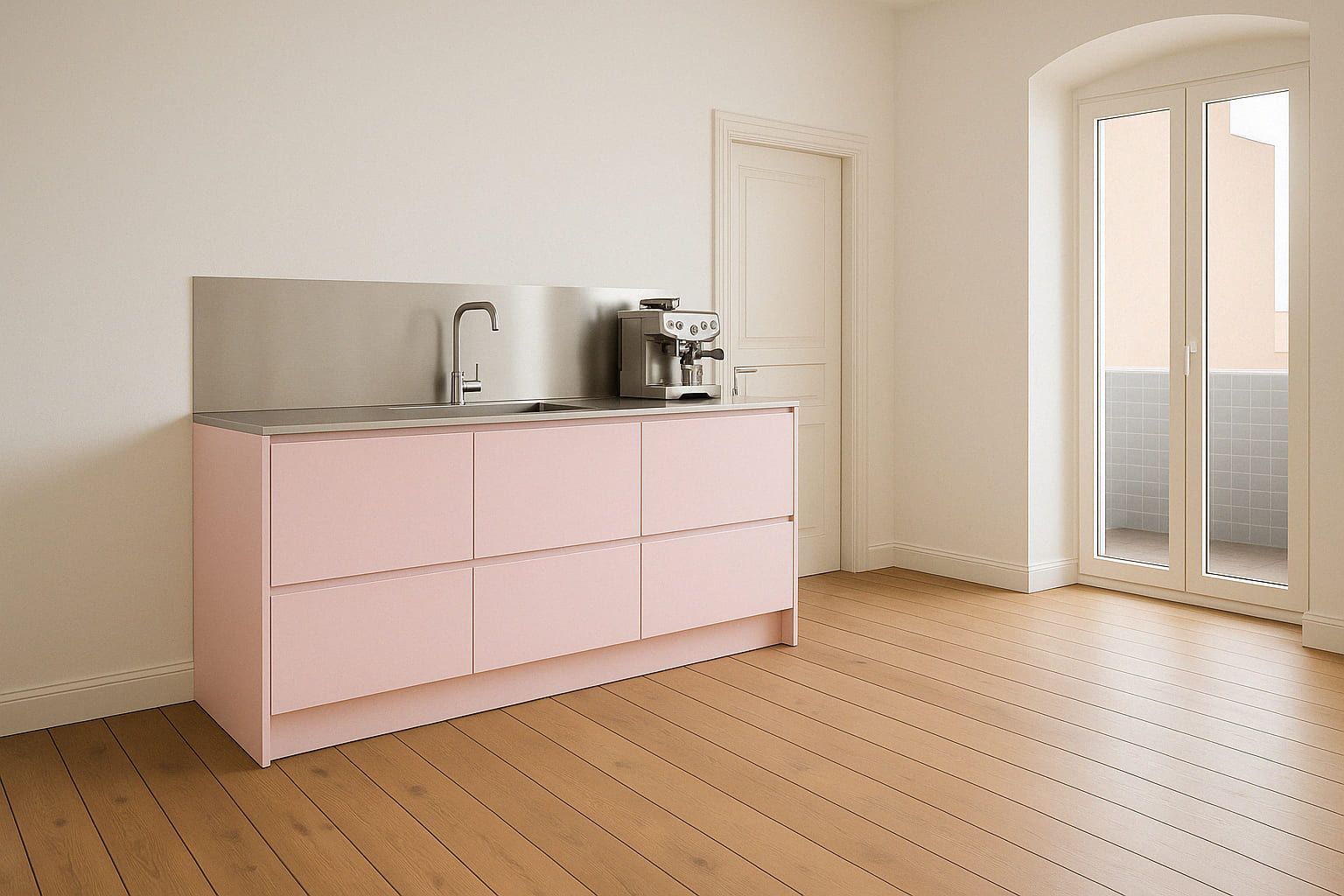 Helle Küche mit rosa Unterschrank, Spüle und Kaffeemaschine, Holzboden und Glastür zum Balkon.