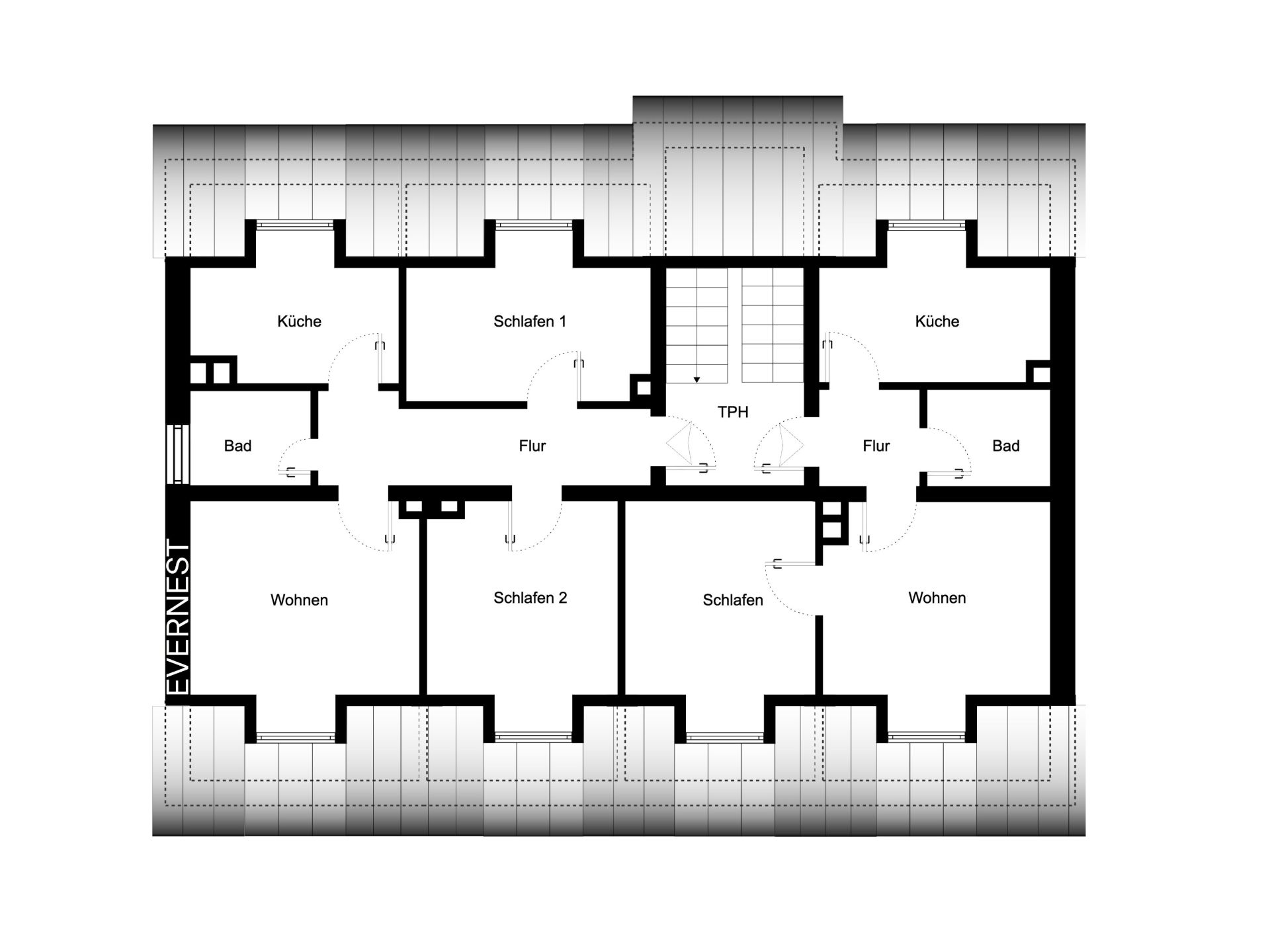 Grundriss einer Wohnung mit Wohnzimmer, Küche, Schlafzimmer, Bad und Flur.