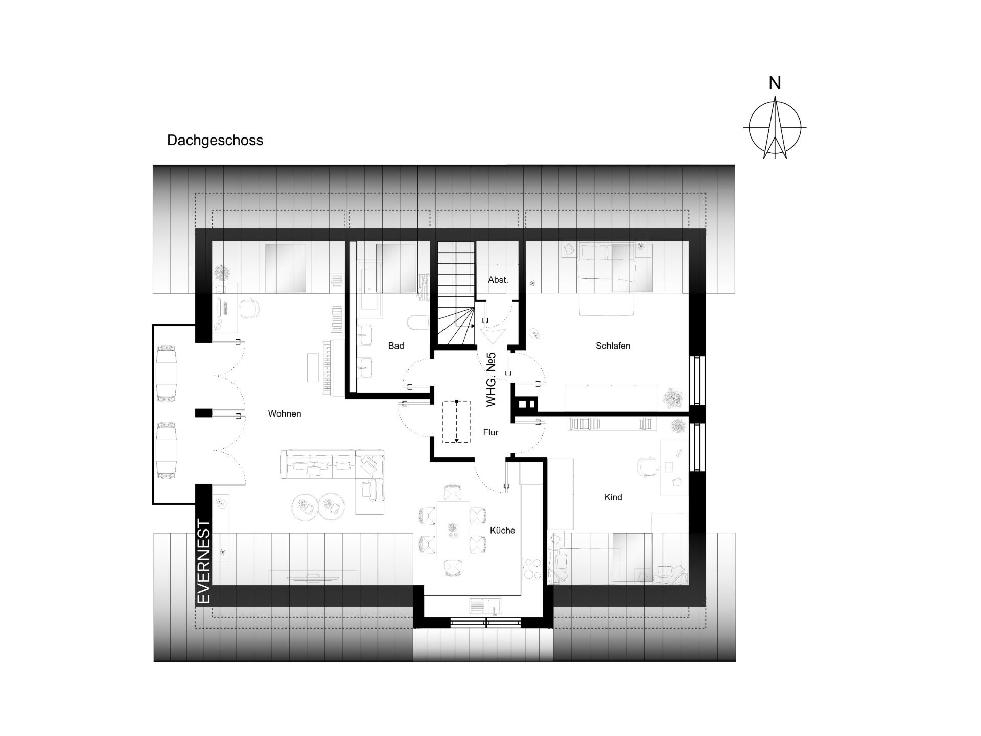 Grundriss eines Dachgeschosses mit Wohn-, Schlaf-, Kinderzimmer, Bad, Küche und Flur.