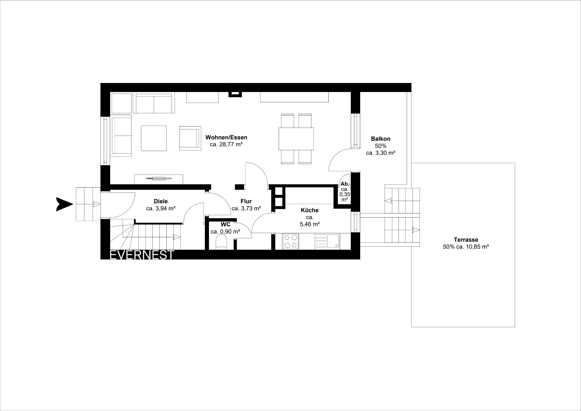 Grundriss einer Wohnung mit Wohnzimmer, Küche, Balkon, Terrasse, WC und Flur.