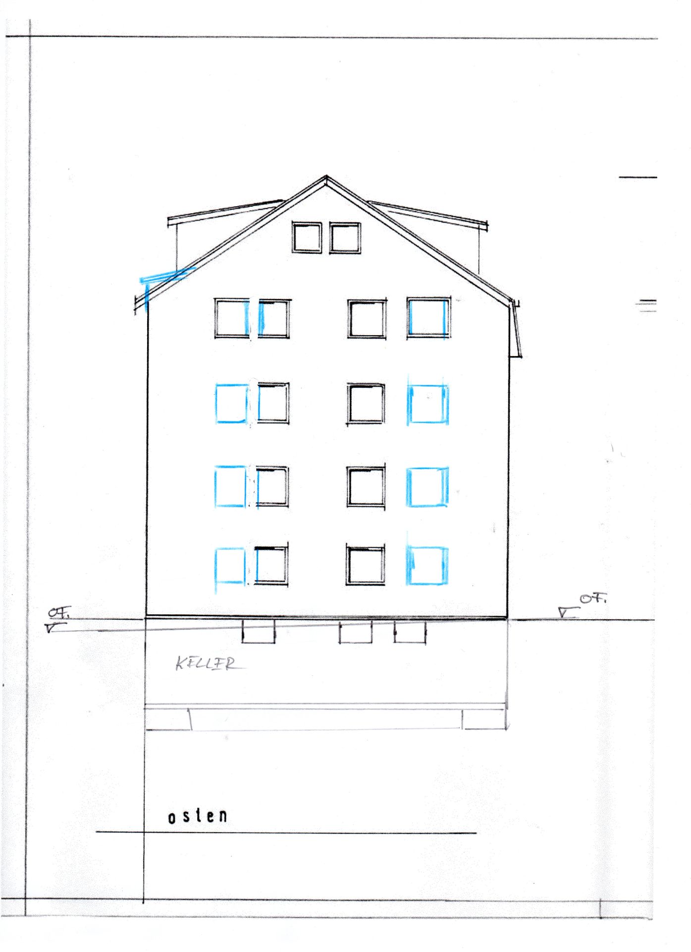 Skizze einer Hausfassade mit mehreren Fenstern und Satteldach, Ansicht von Osten.