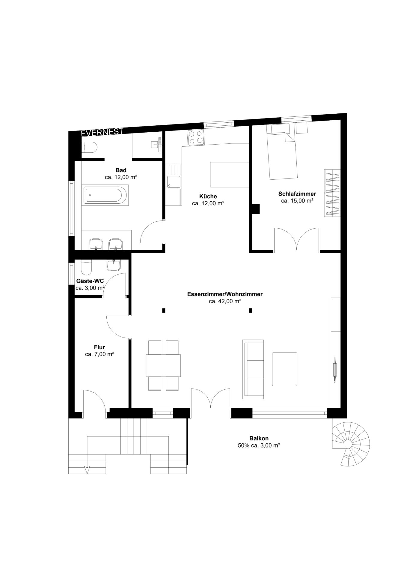 Grundriss einer Wohnung mit Schlafzimmer, Bad, Küche, Wohnzimmer und Balkon.