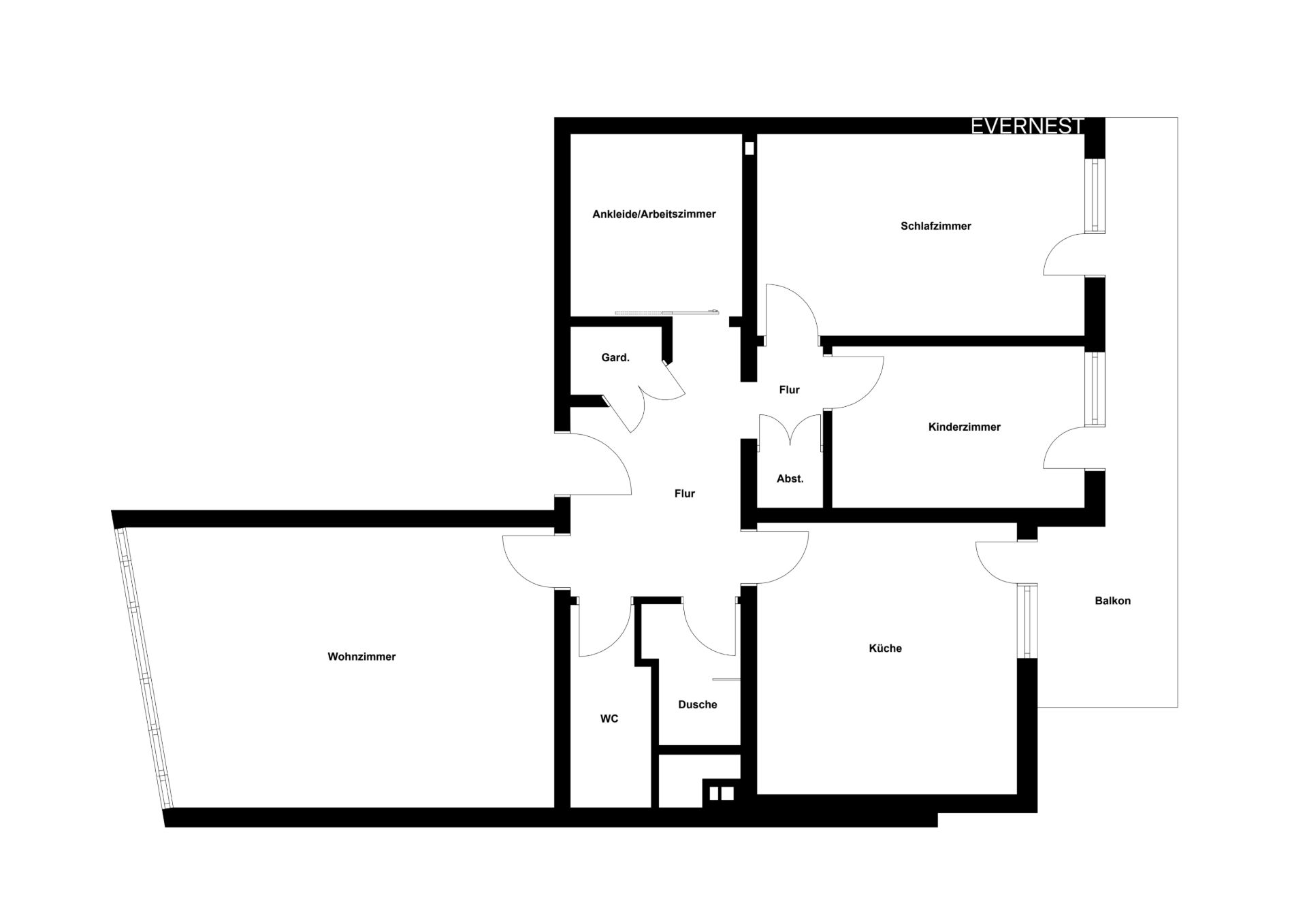 Grundriss einer Wohnung mit Wohnzimmer, Schlafzimmer, Küche, Kinderzimmer und Balkon.